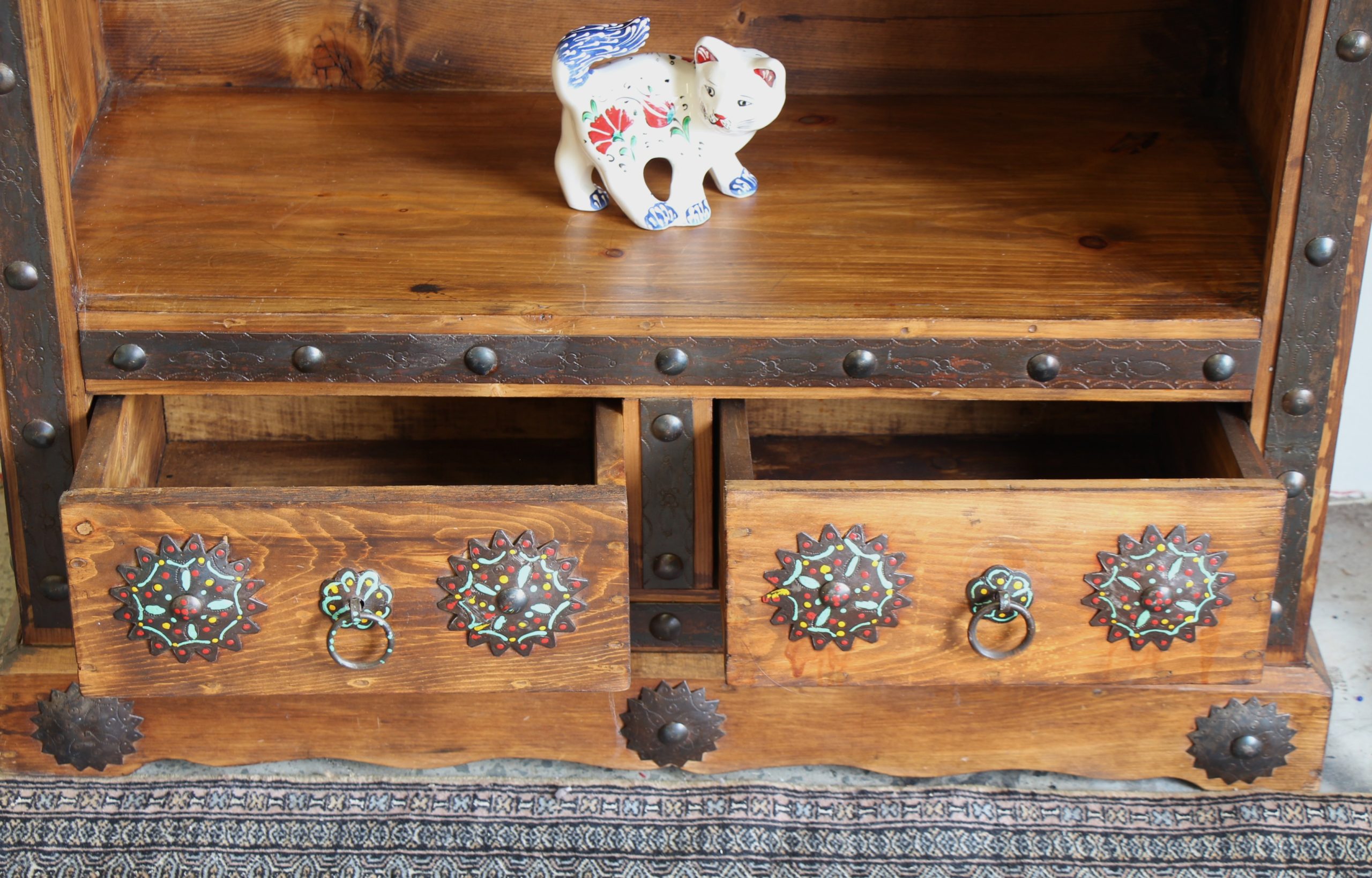 Large Hand Carved Display Unit With Antique Grills, Iron Inserts And 2 Drawers 3