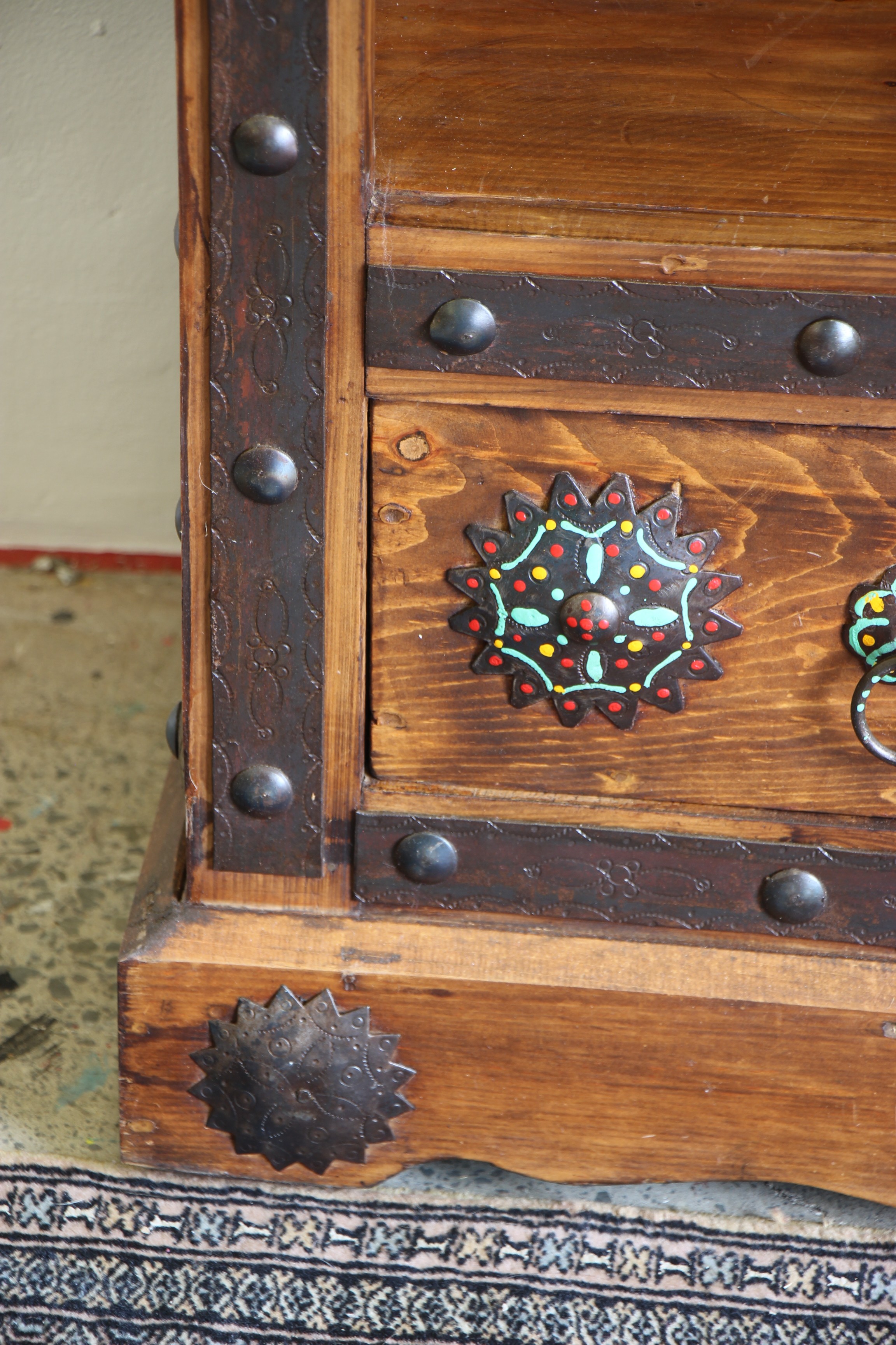 Large Hand Carved Display Unit With Antique Grills, Iron Inserts And 2 Drawers 4