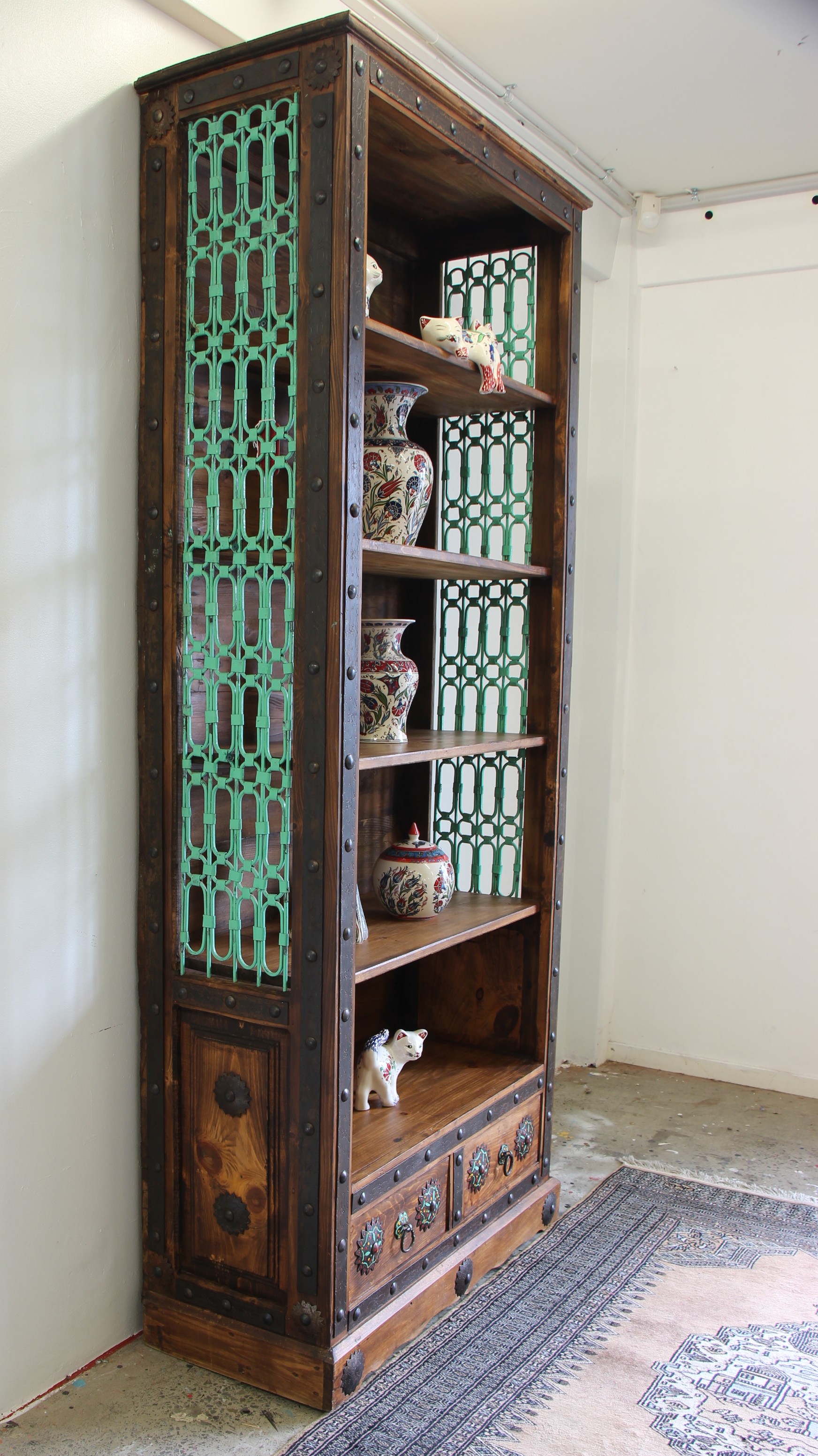 Large Hand Carved Display Unit With Antique Grills, Iron Inserts And 2 Drawers 5