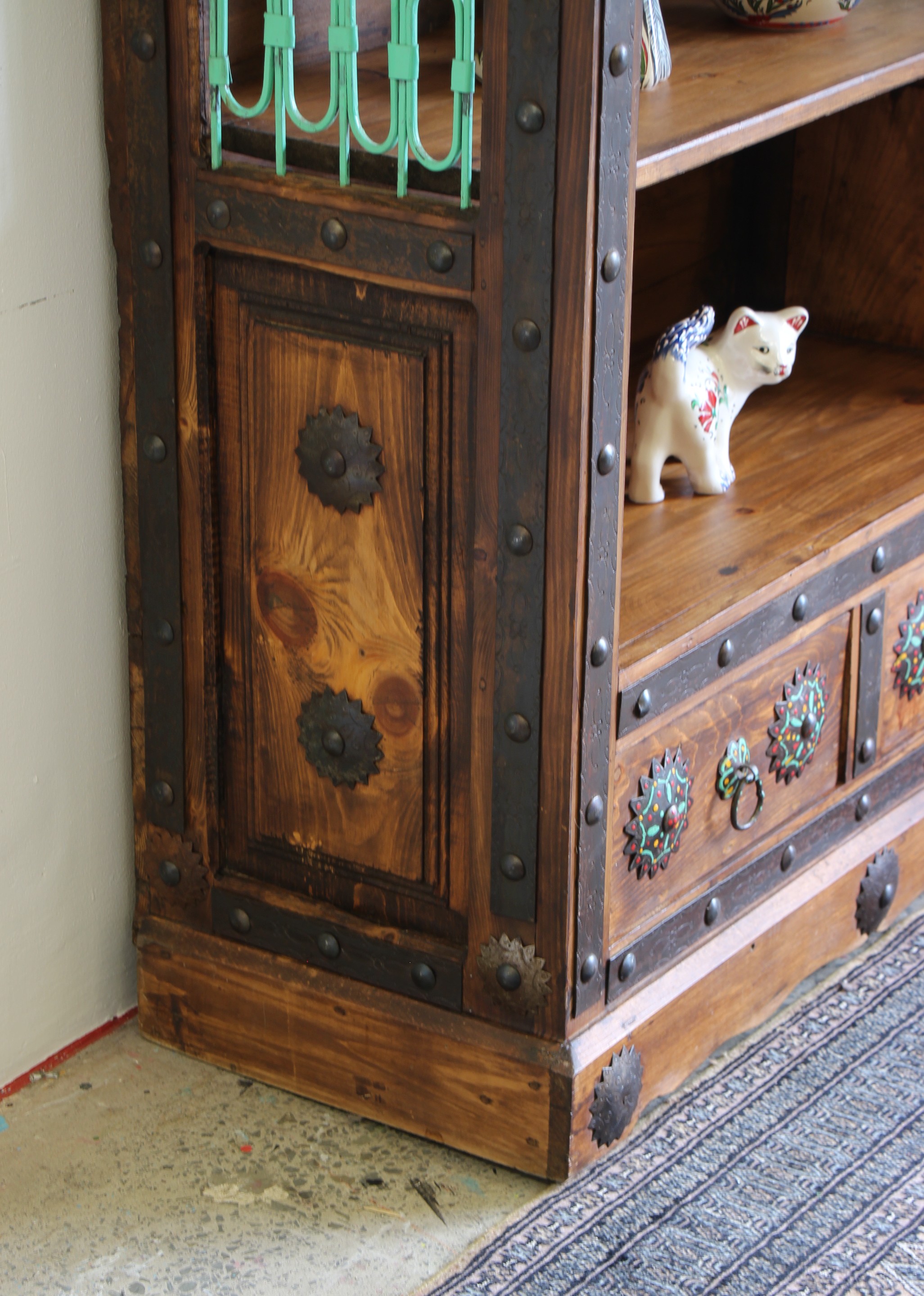 Large Hand Carved Display Unit With Antique Grills, Iron Inserts And 2 Drawers 6