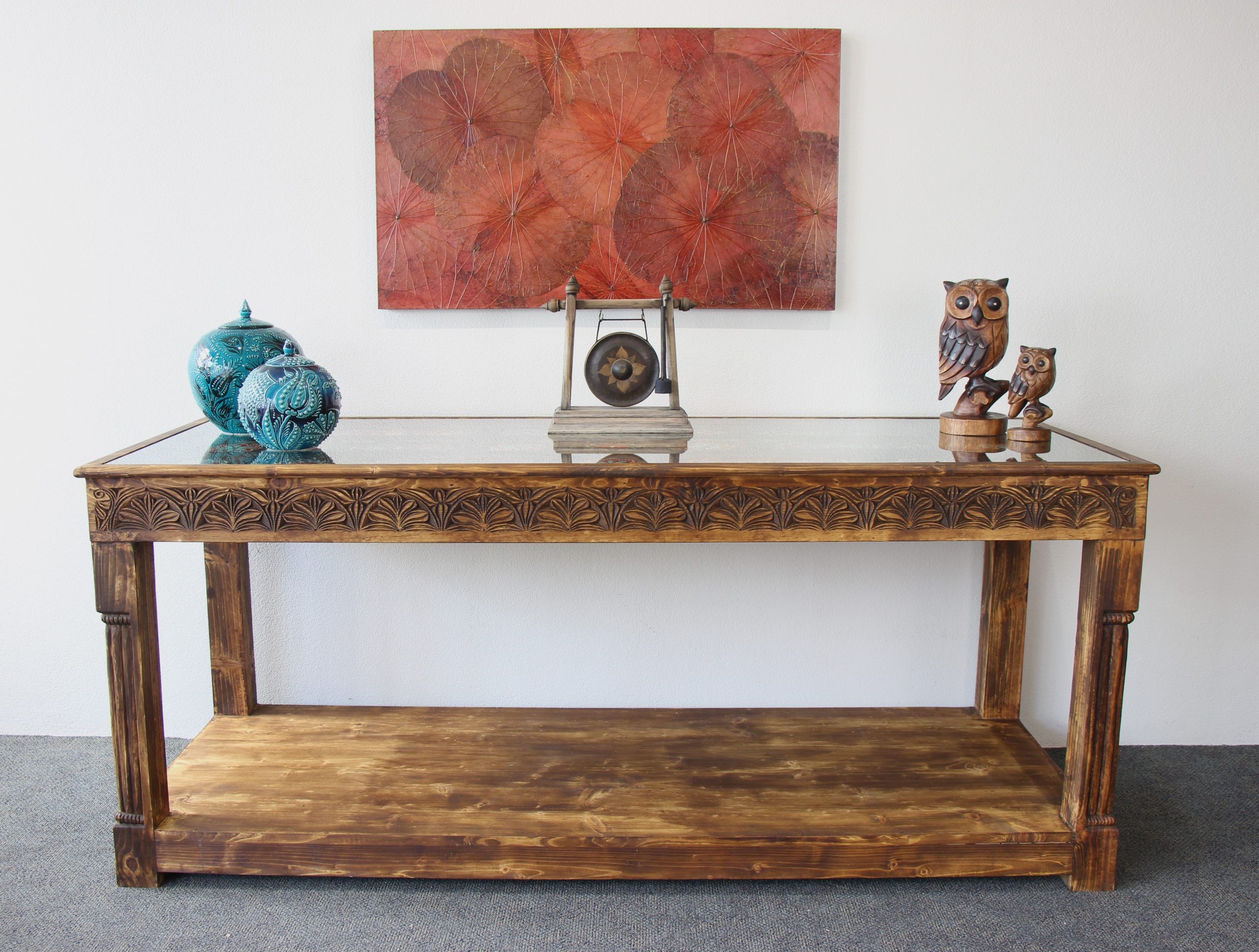 Large Hand Carved Side Table With Hand Painted Colourful Inserts 1