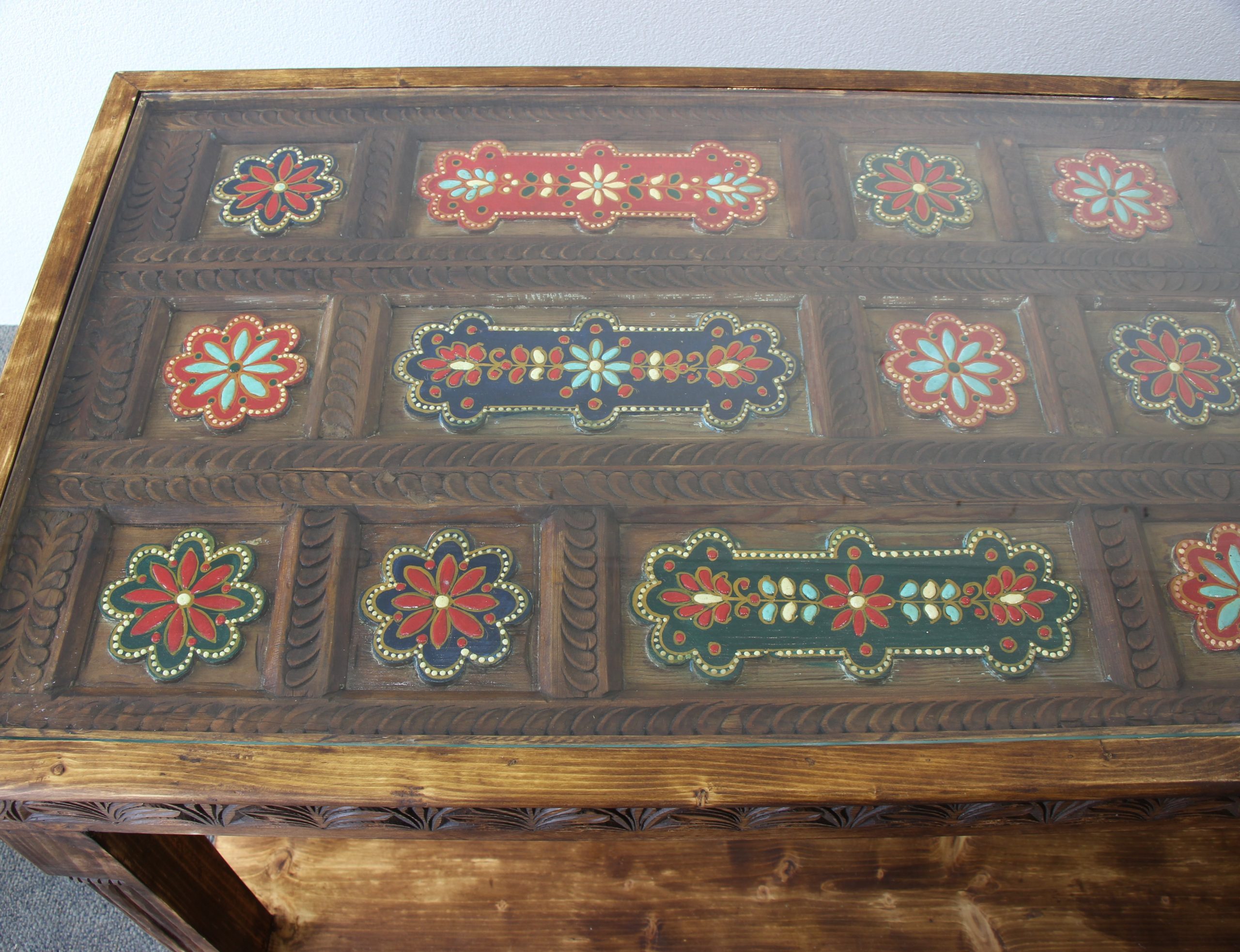 Large Hand Carved Side Table With Hand Painted Colourful Inserts 10