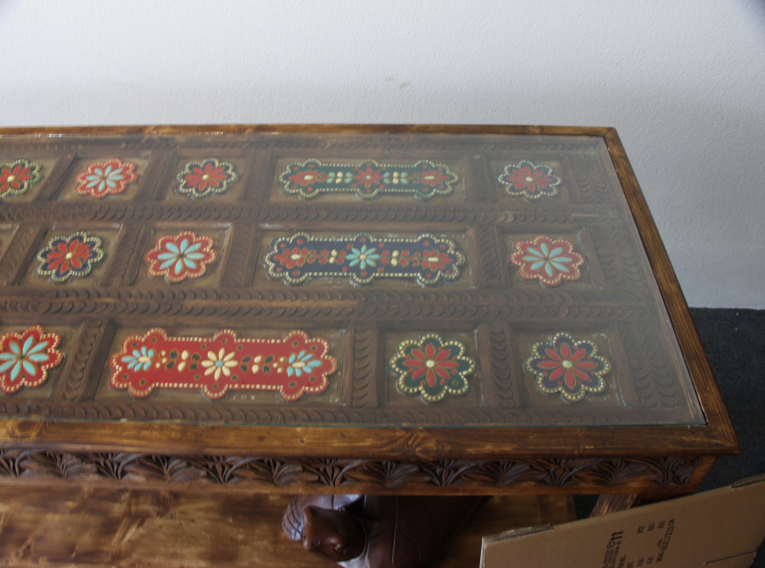 Large Hand Carved Side Table With Hand Painted Colourful Inserts 11