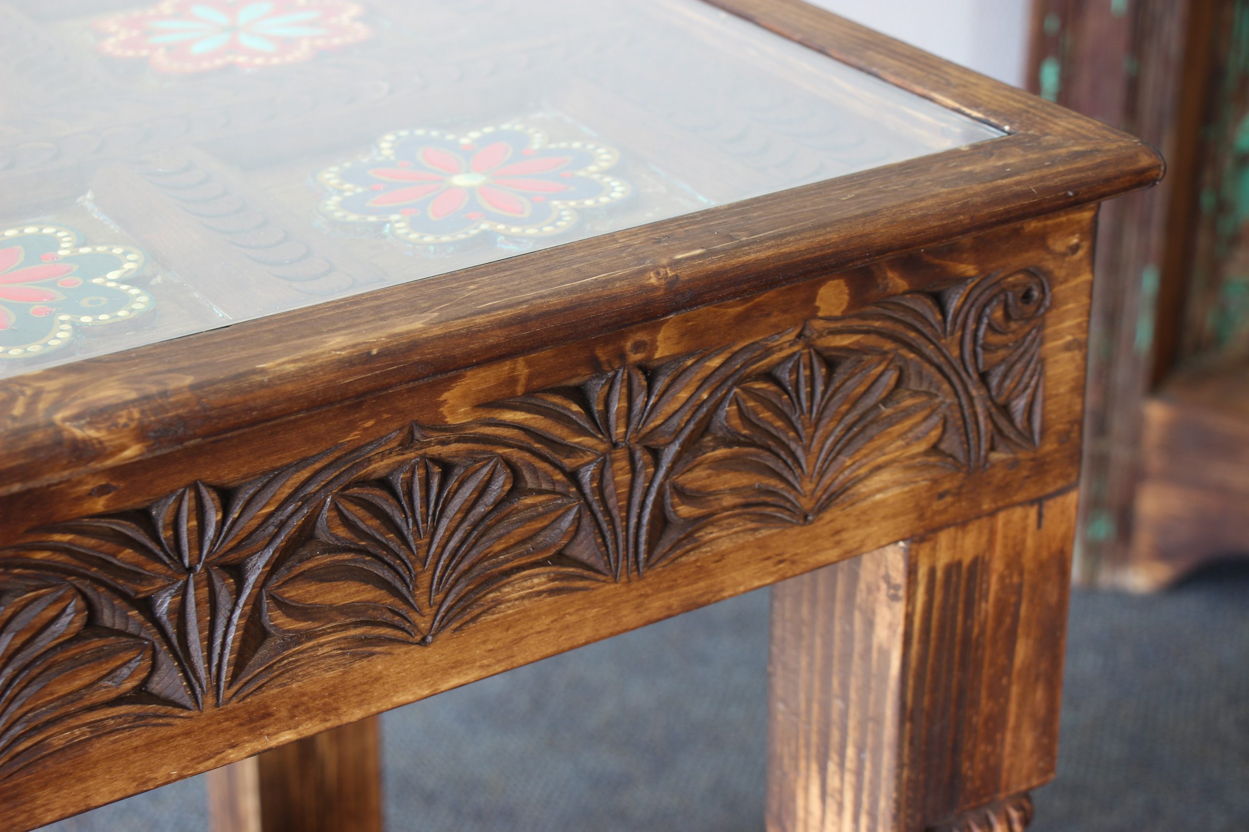 Large Hand Carved Side Table With Hand Painted Colourful Inserts 13