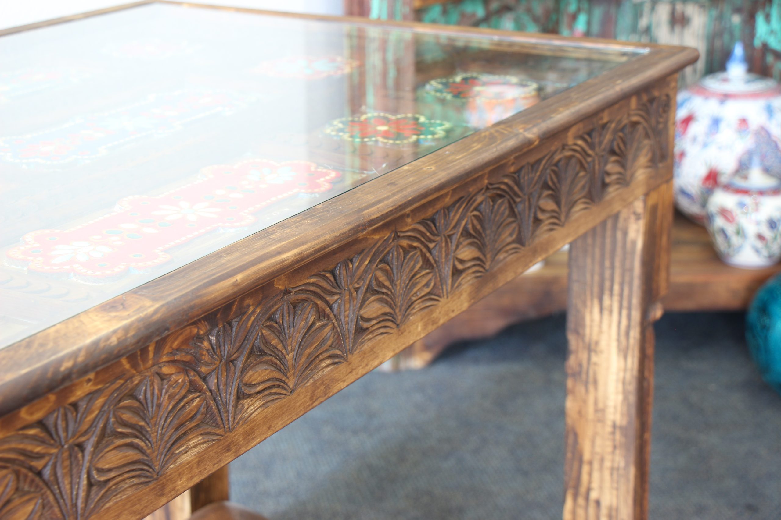 Large Hand Carved Side Table With Hand Painted Colourful Inserts 14