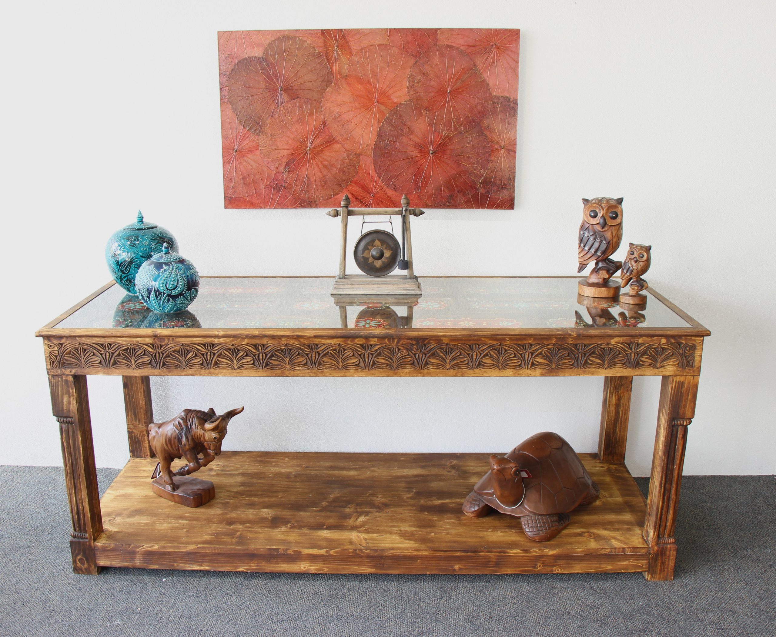 Large Hand Carved Side Table With Hand Painted Colourful Inserts 2