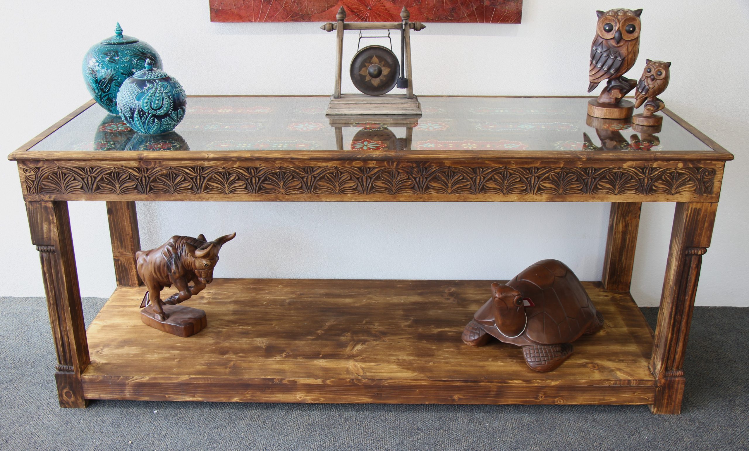 Large Hand Carved Side Table With Hand Painted Colourful Inserts 3