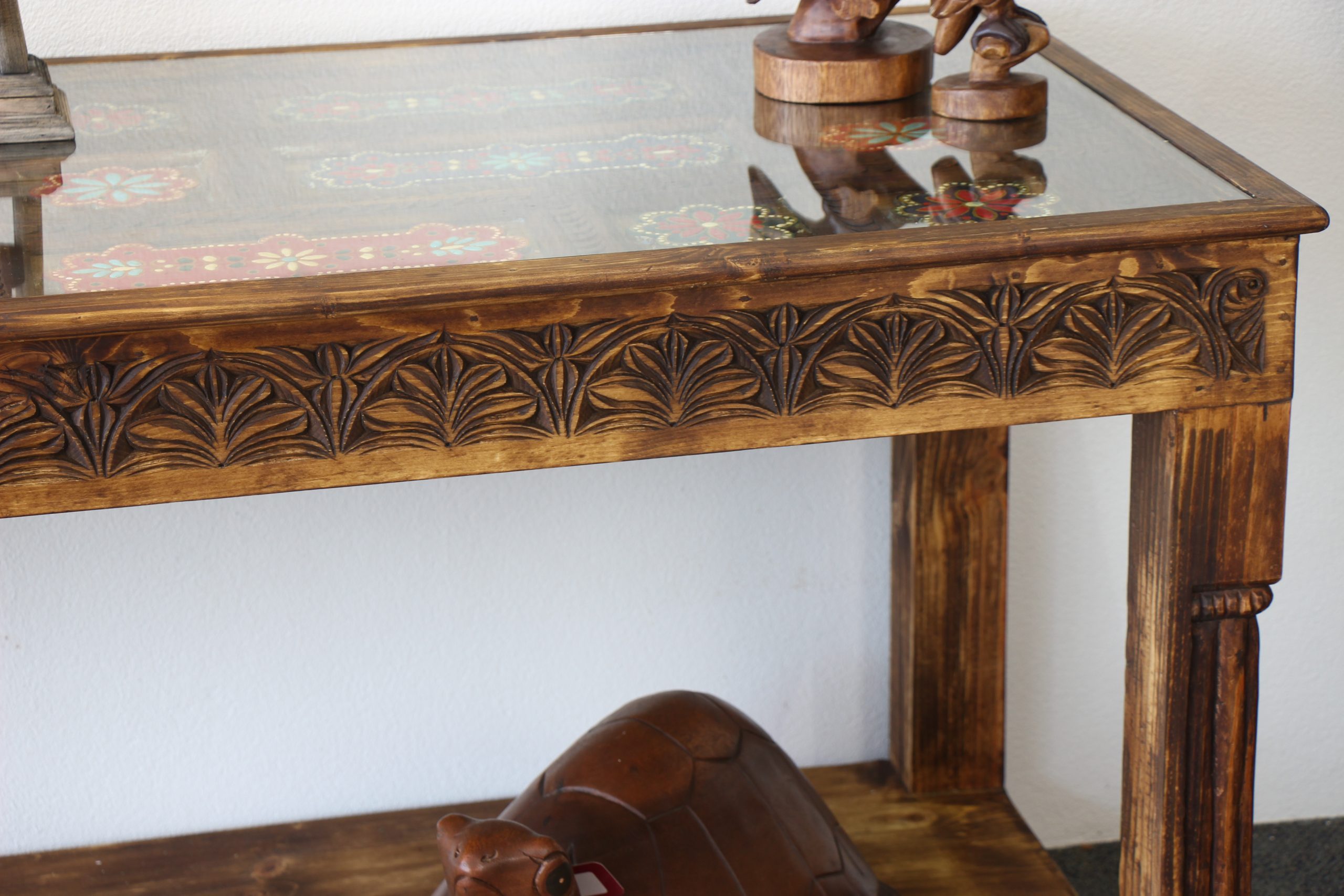 Large Hand Carved Side Table With Hand Painted Colourful Inserts 4