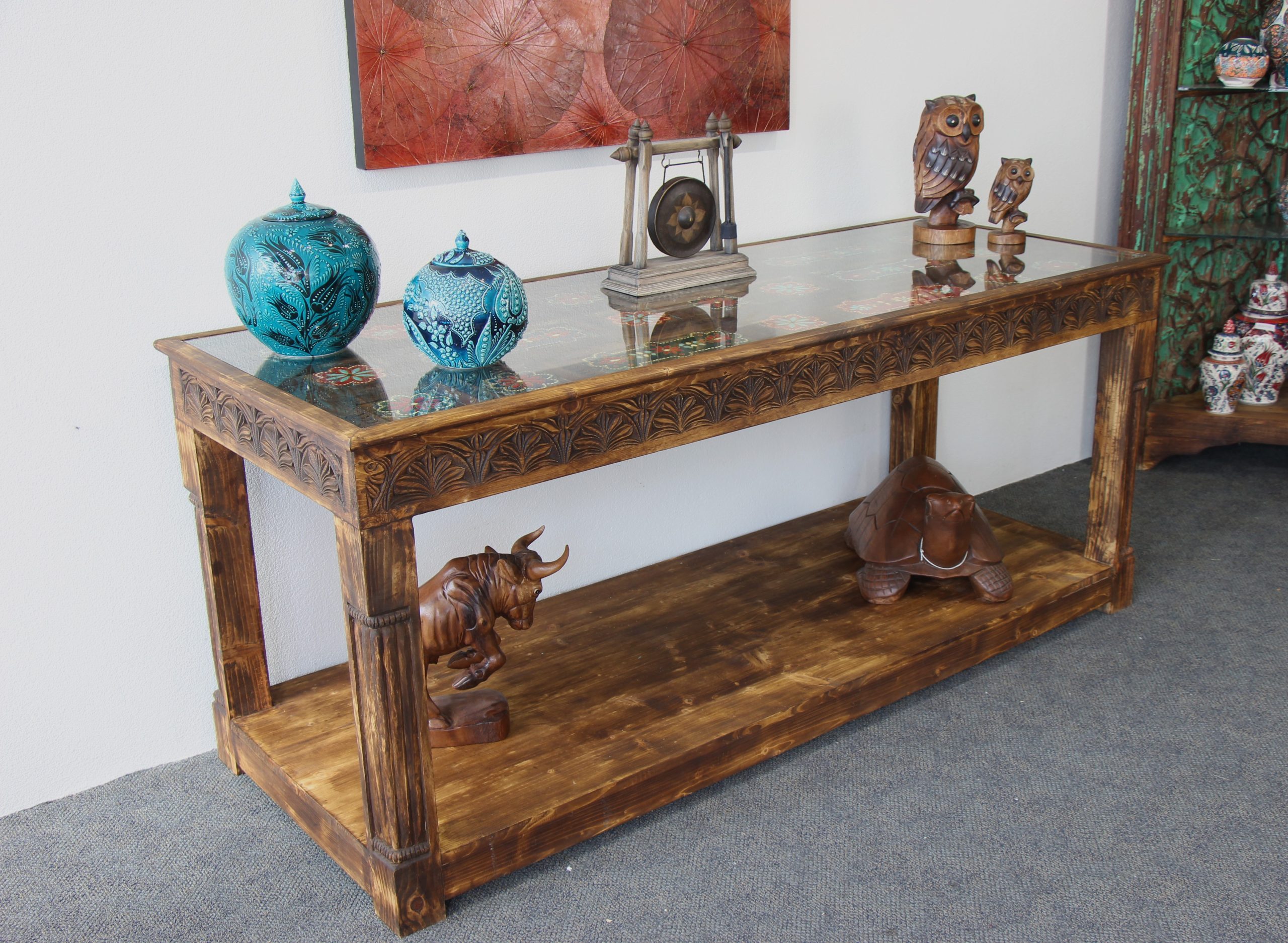 Large Hand Carved Side Table With Hand Painted Colourful Inserts 5