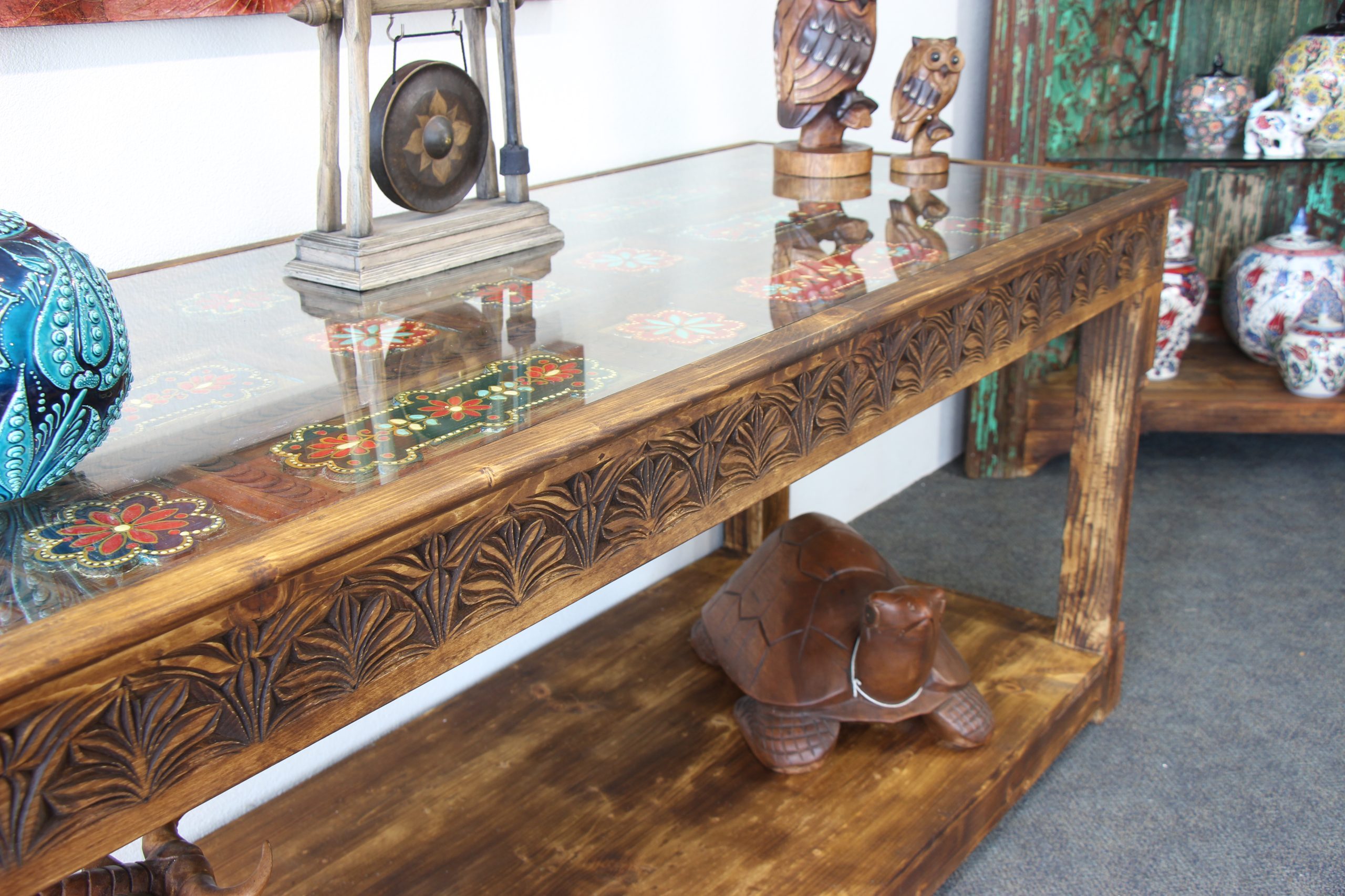 Large Hand Carved Side Table With Hand Painted Colourful Inserts 6
