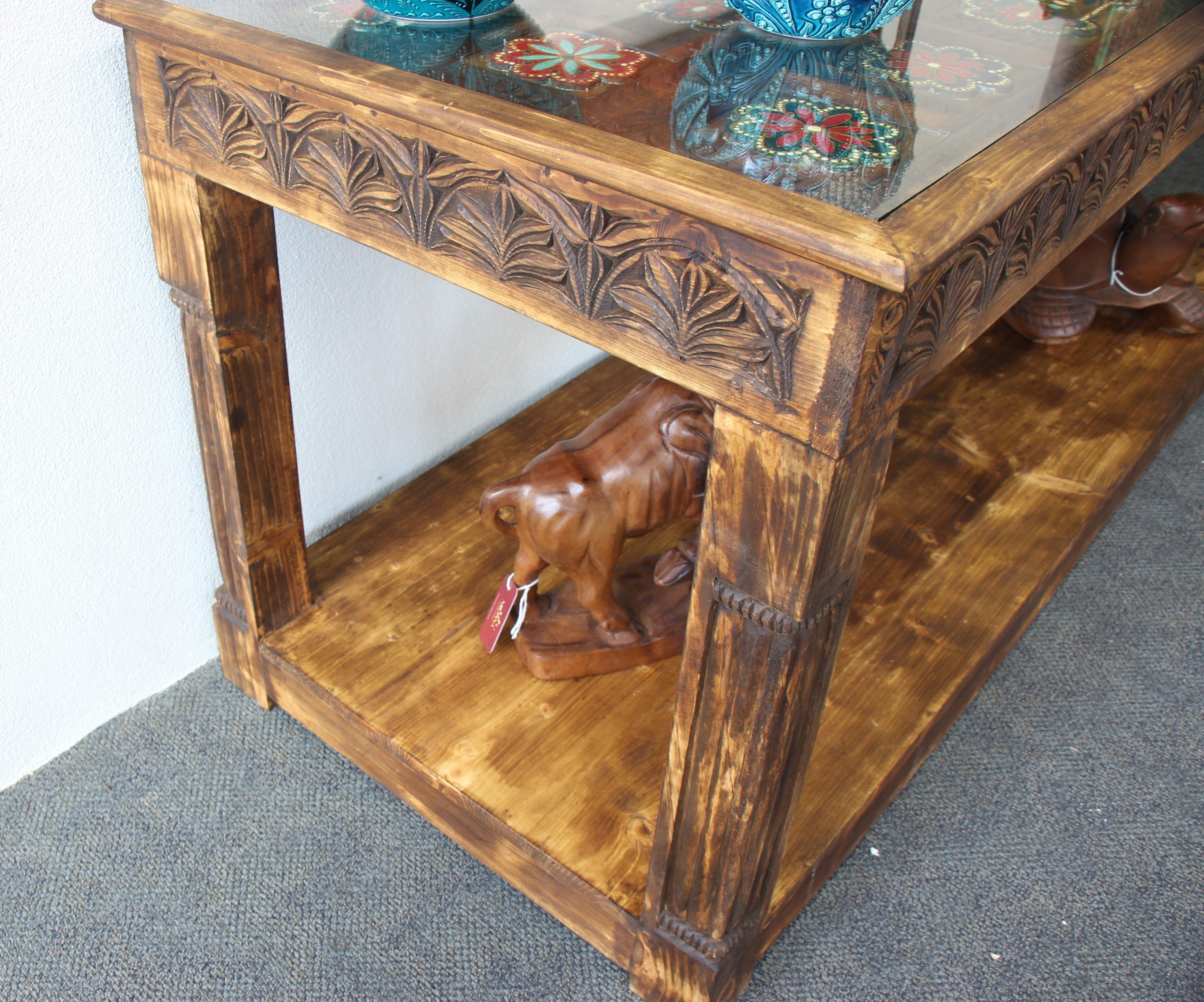 Large Hand Carved Side Table With Hand Painted Colourful Inserts 7