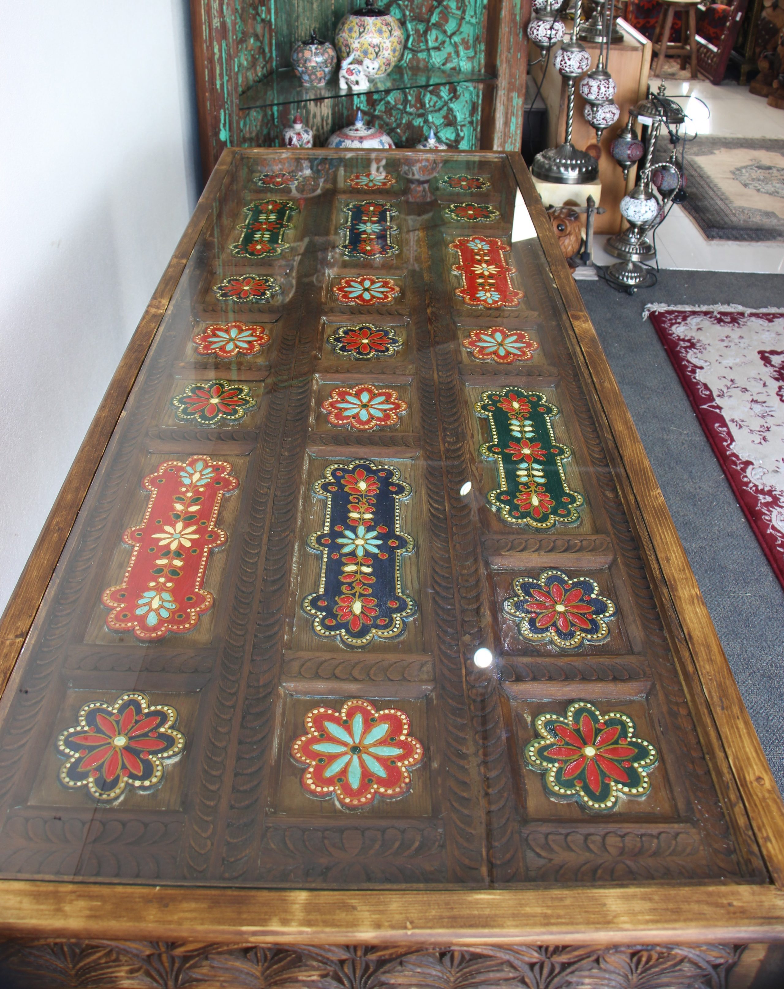 Large Hand Carved Side Table With Hand Painted Colourful Inserts 8