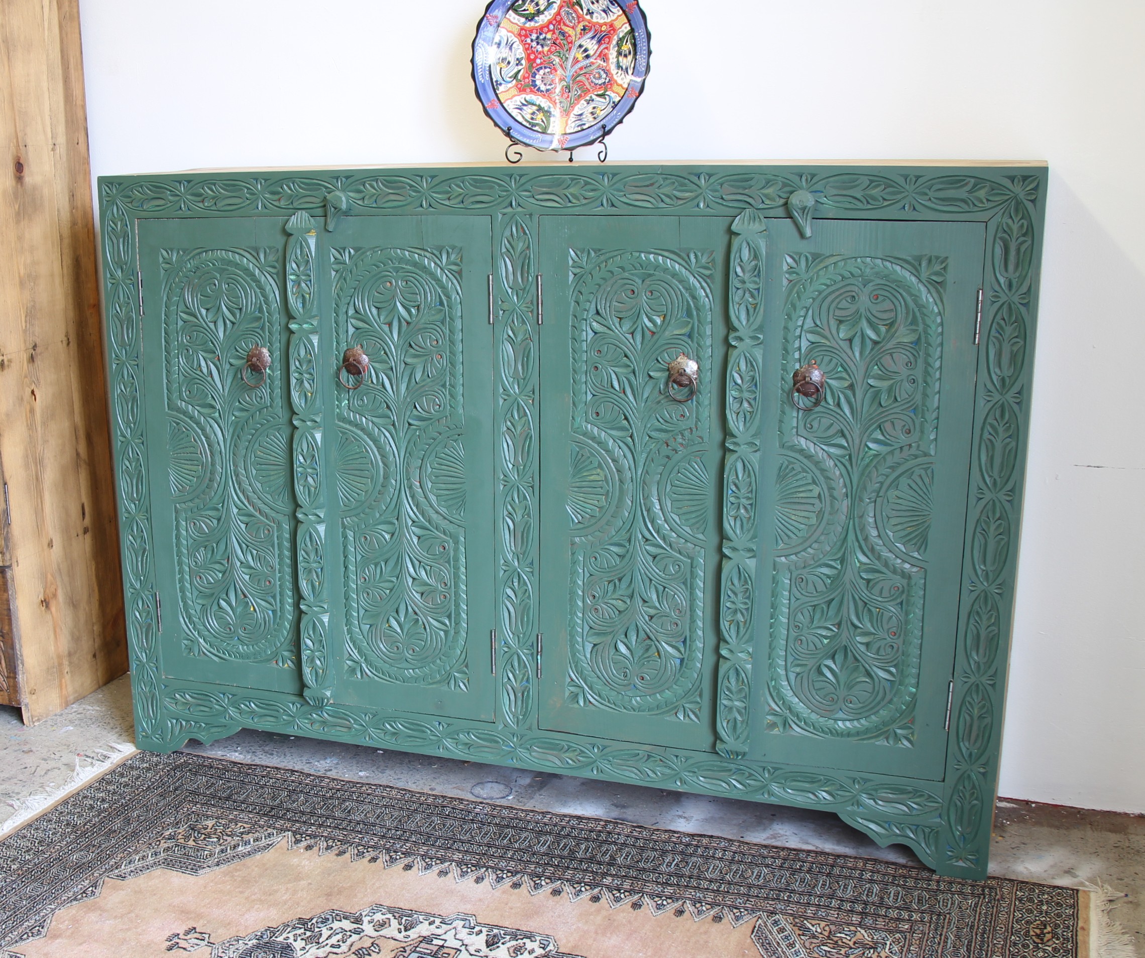 Large Hand Carved Sideboard In Green With 4 Doors - 2