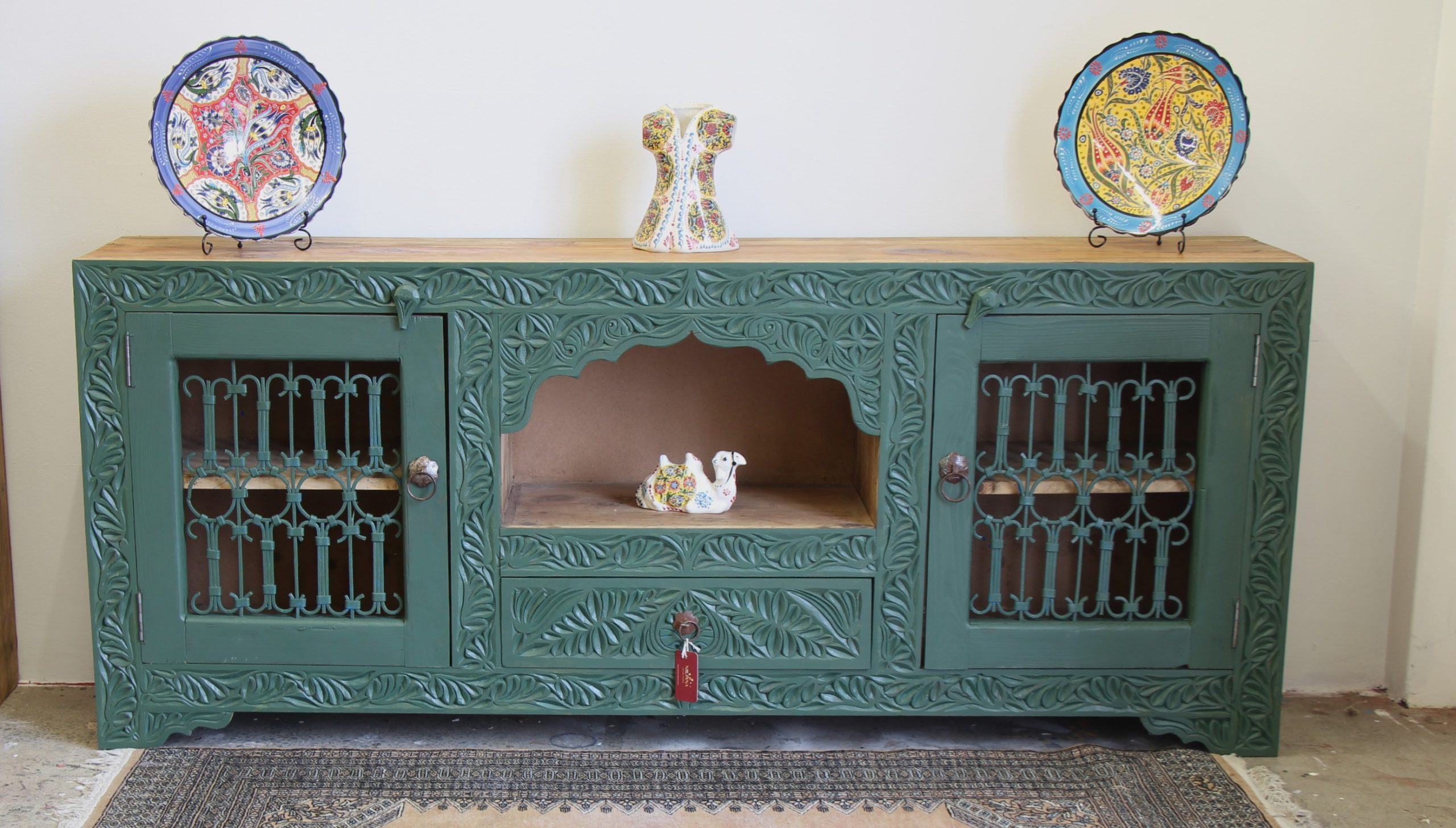 Large Hand Carved Sideboard With Antique Grates and Carved Arabian Arch -1