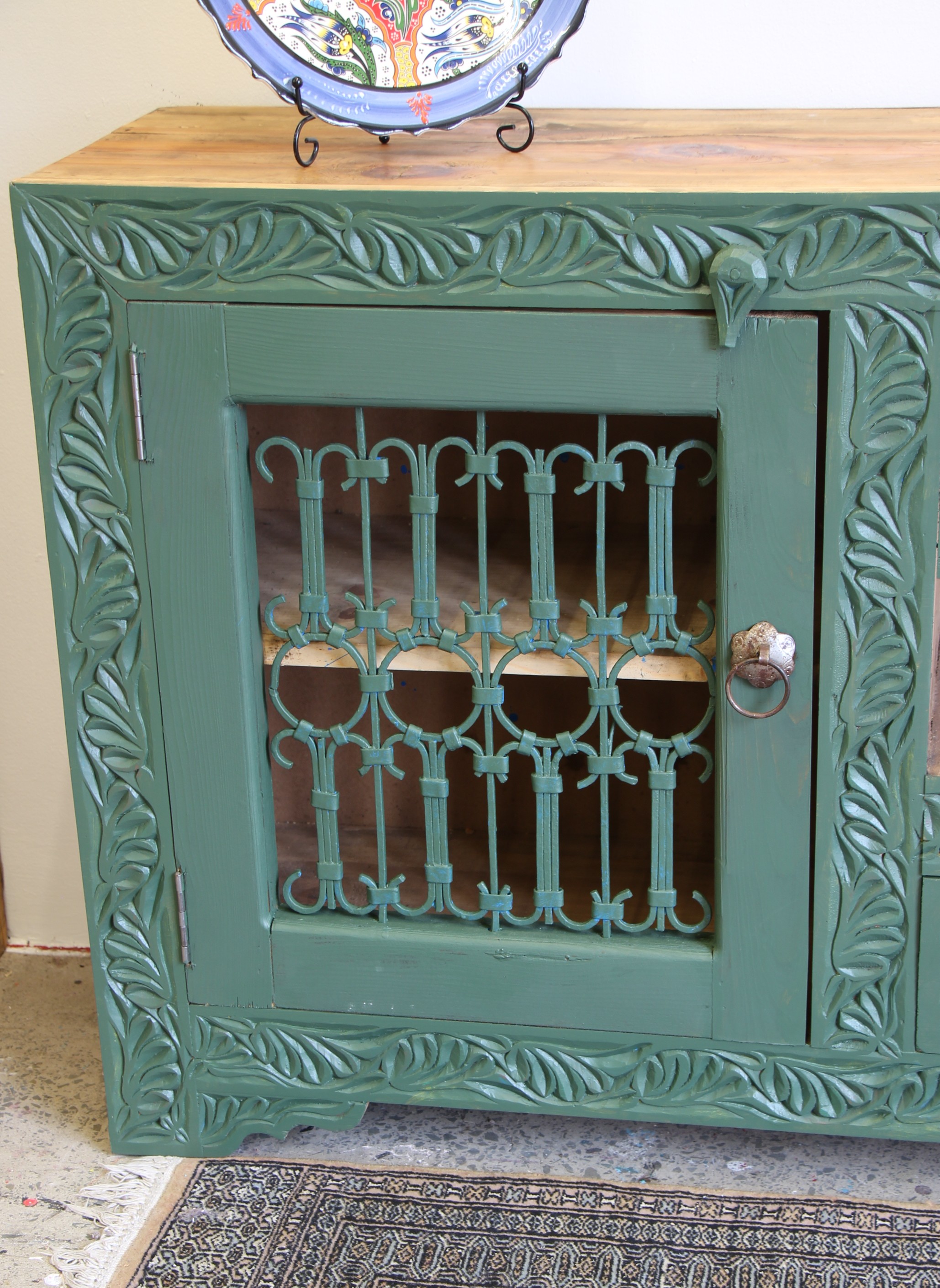 Large Hand Carved Sideboard With Antique Grates and Carved Arabian Arch -4