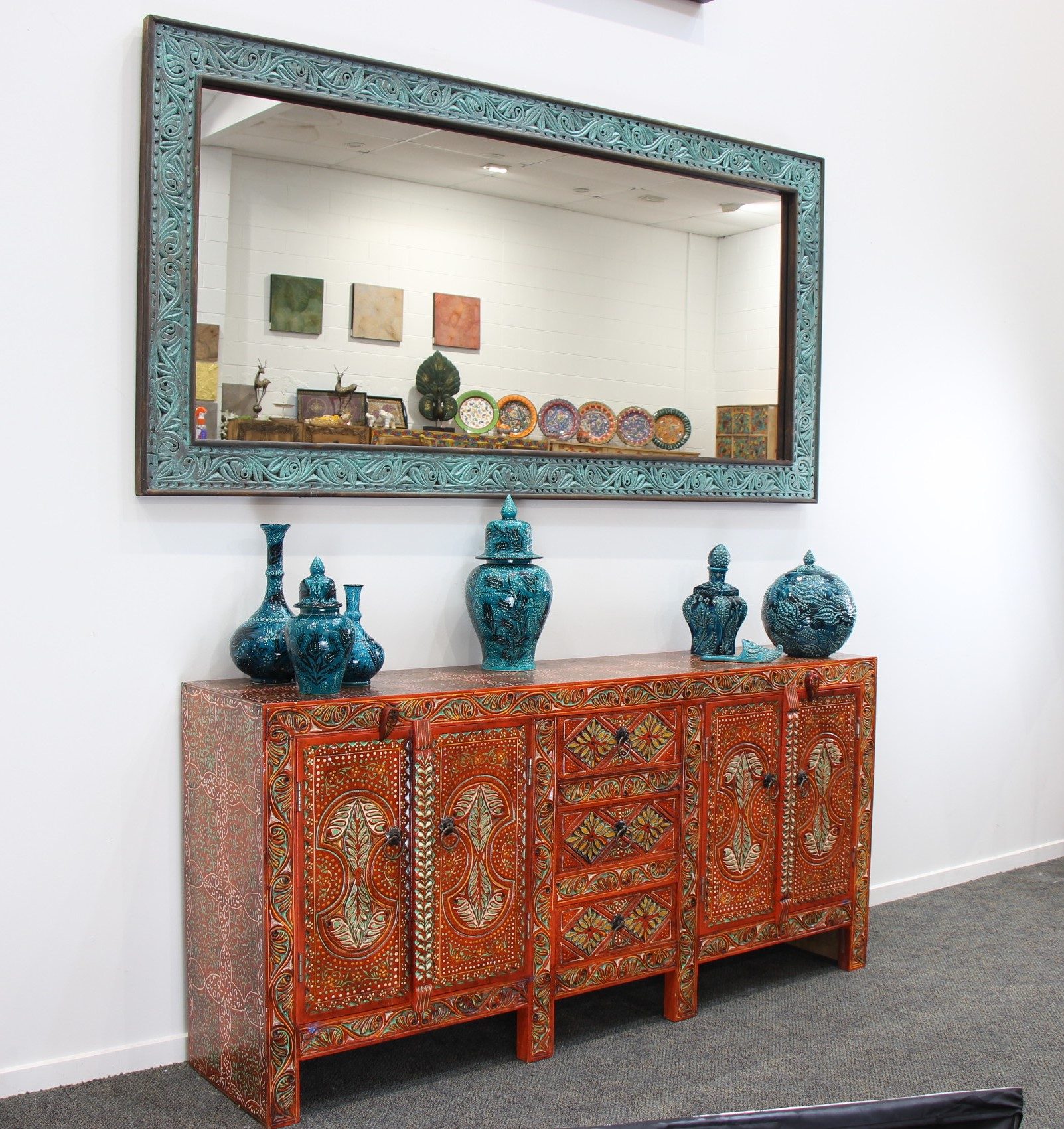 Large Handcarved Mirror In Blue Wash 5