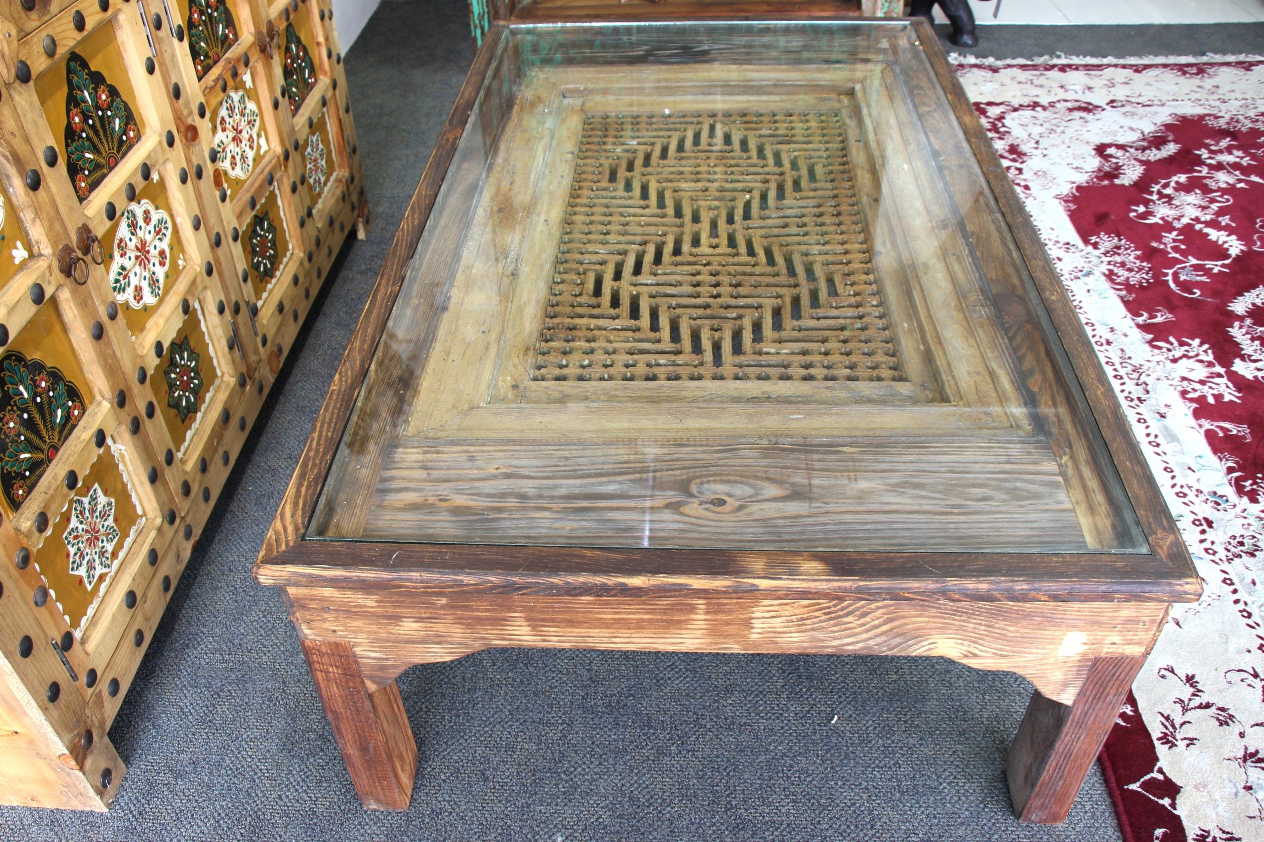 Large Handcrafted Coffee Table With Antique Grill 2