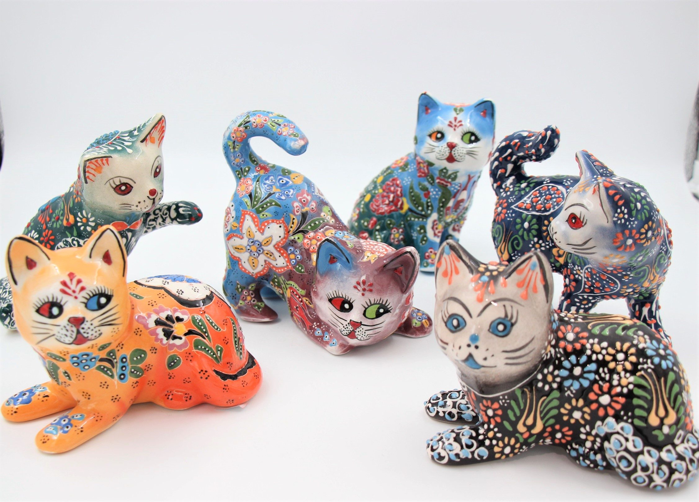 Large Turkish Ceramic Hand Painted Cats Colourfull Asst