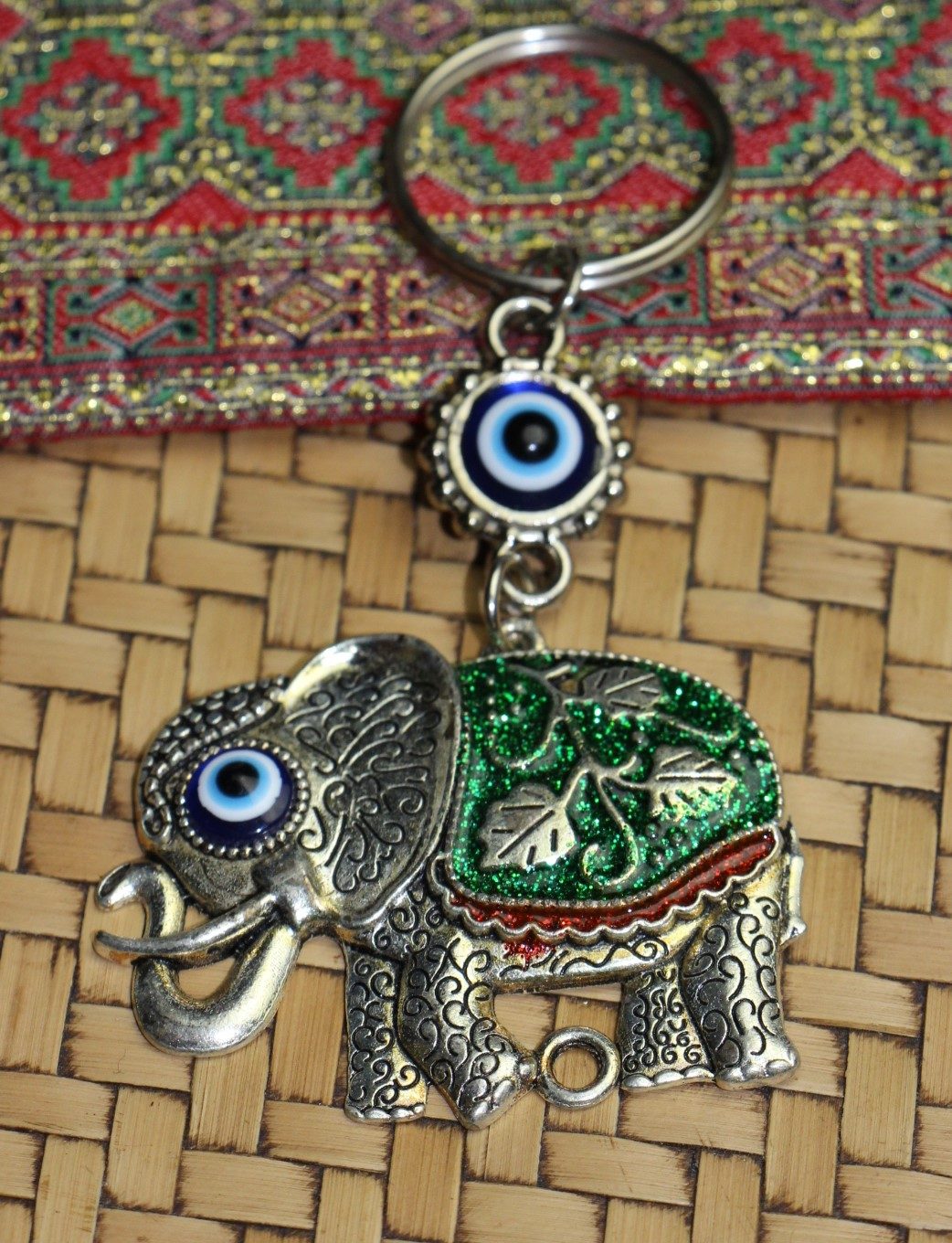 Lucky Eye Bag Tag Key Ring 72 Colourful Elephants Green