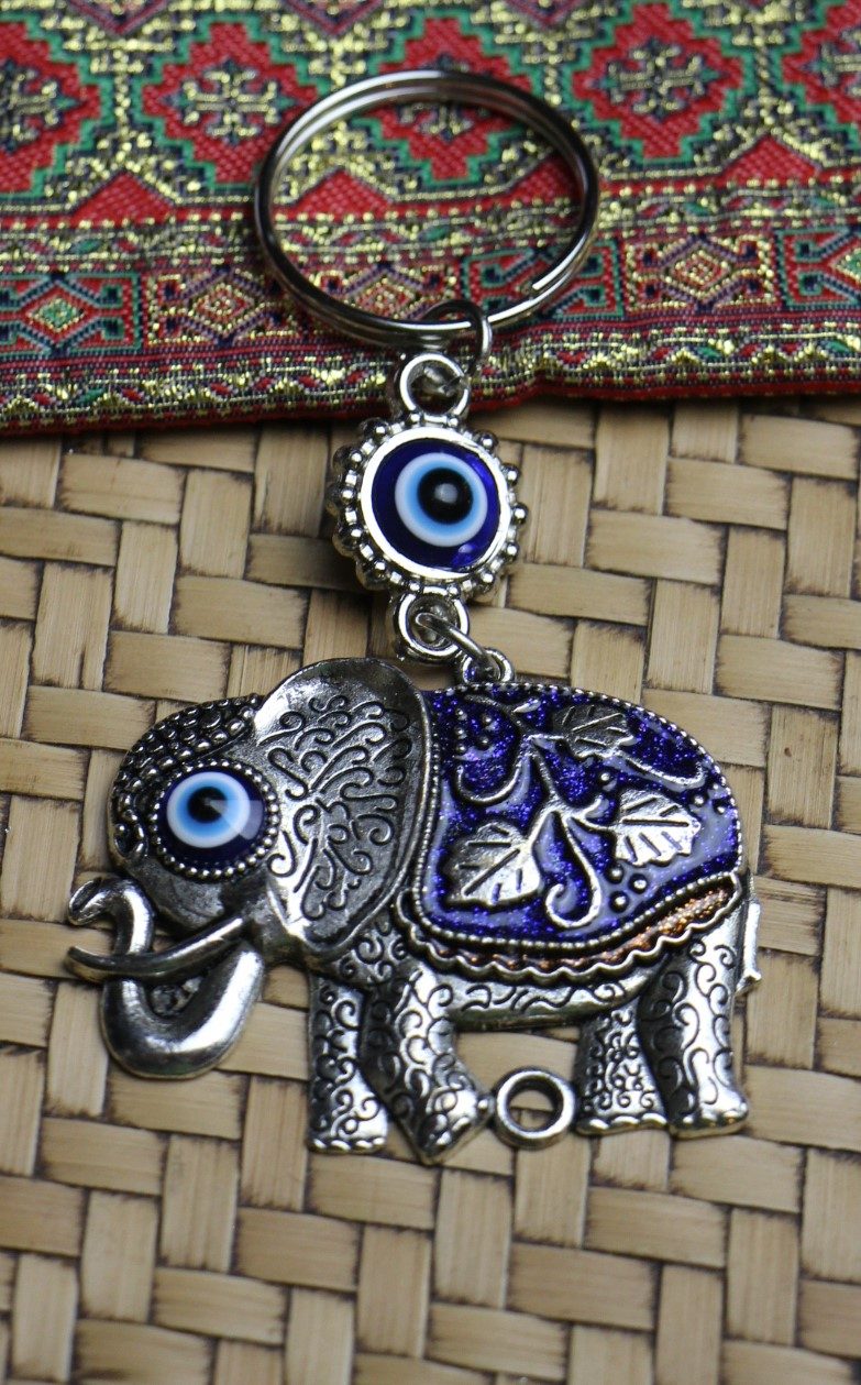 Lucky Eye Bag Tag Key Ring 72 Colourful Elephants Light Blue 2