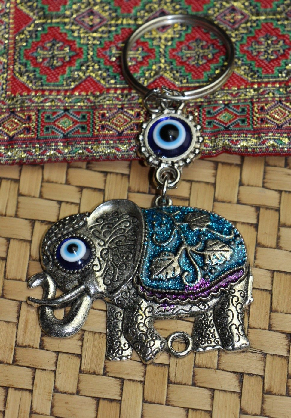 Lucky Eye Bag Tag Key Ring 72 Colourful Elephants Light Blue