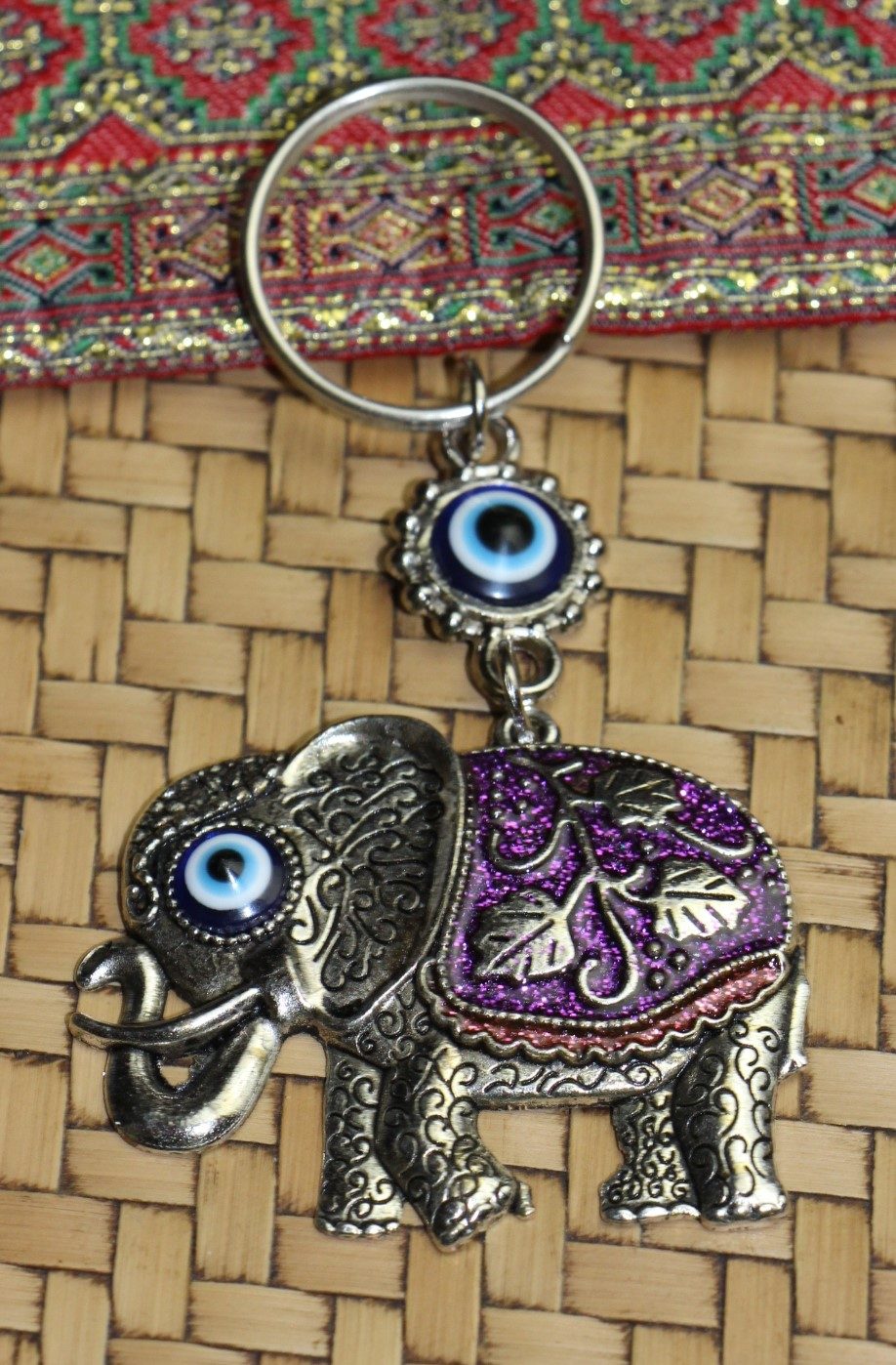 Lucky Eye Bag Tag Key Ring 72 Colourful Elephants Purple