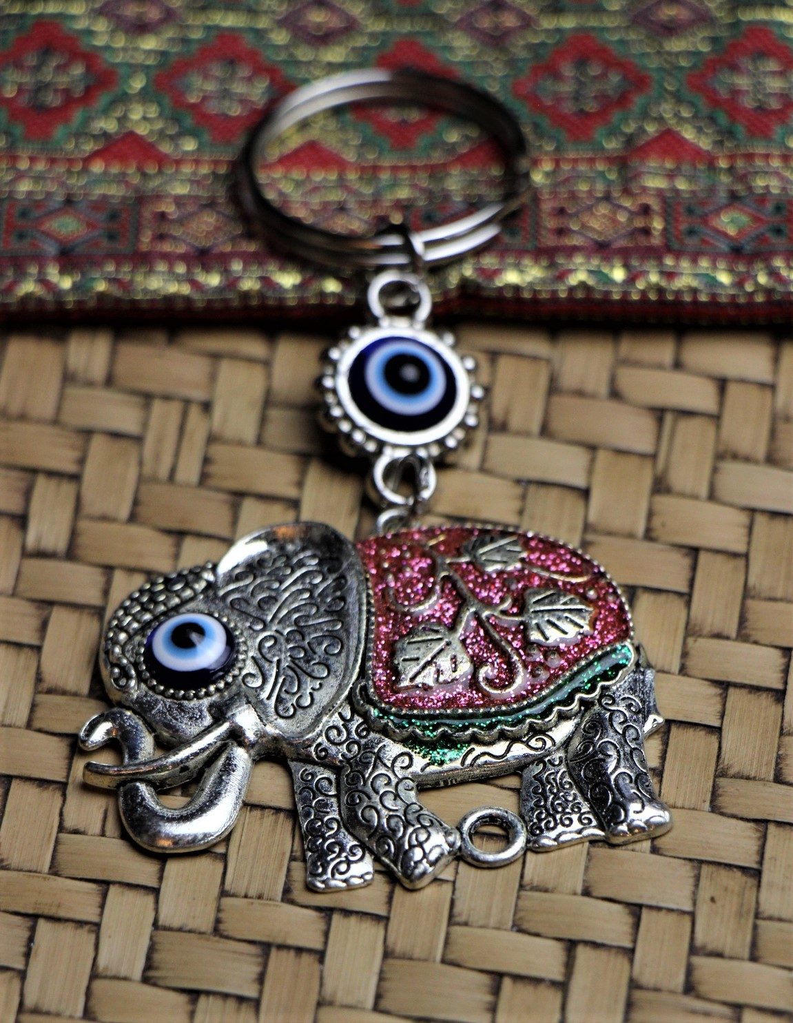Lucky Eye Bag Tag Key Ring 72 Colourful Elephants Red 2