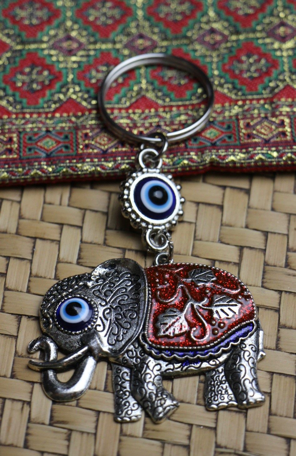 Lucky Eye Bag Tag Key Ring 72 Colourful Elephants Red