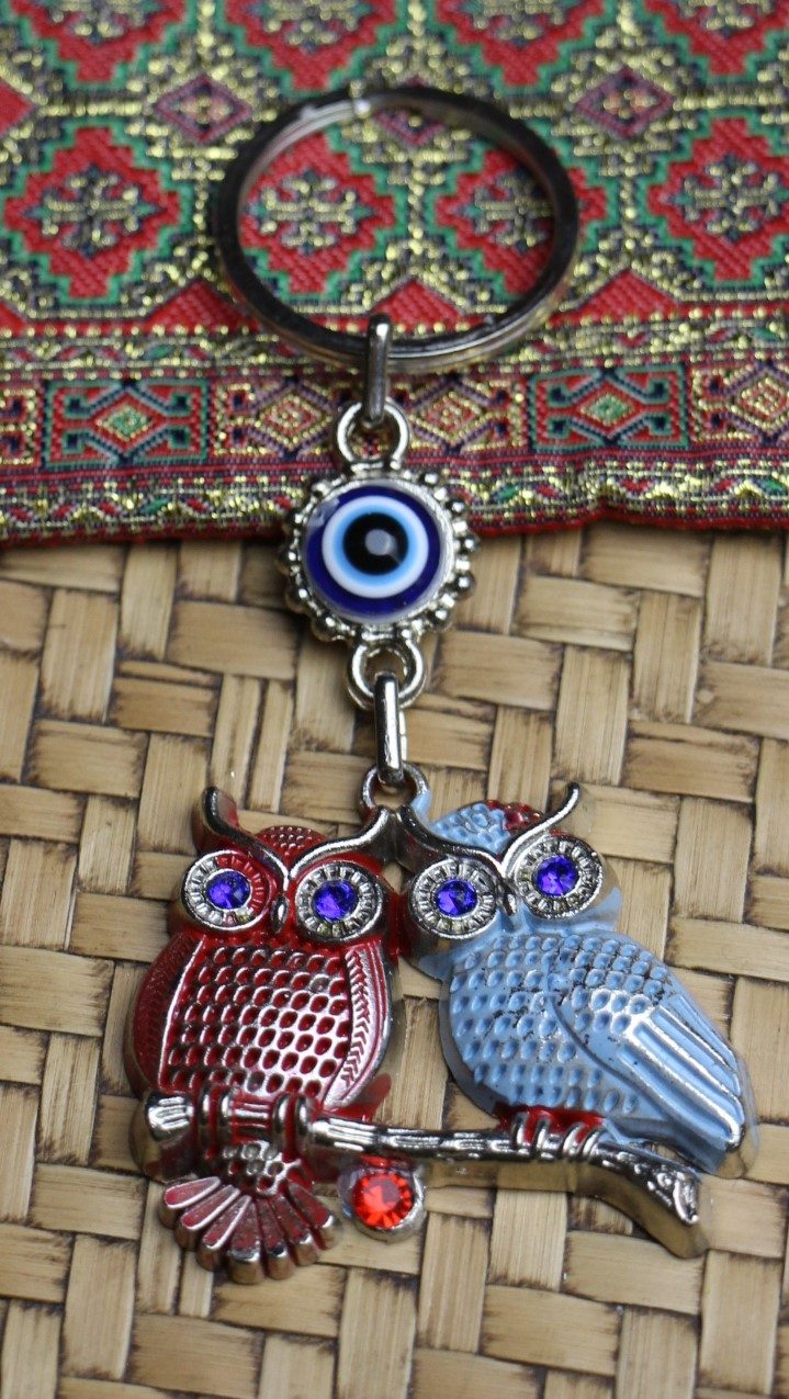Lucky Eye Bag Tag Key Ring 73 2 Colourful Owls Blue Red
