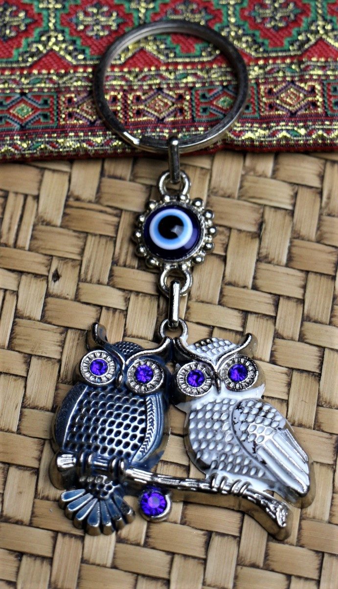 Lucky Eye Bag Tag Key Ring 73 2 Colourful Owls Blue White