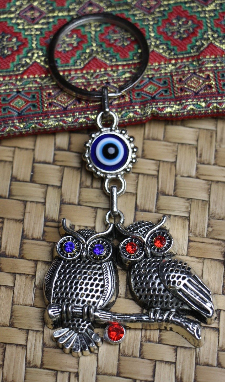 Lucky Eye Bag Tag Key Ring 73 2 Colourful Owls Silver
