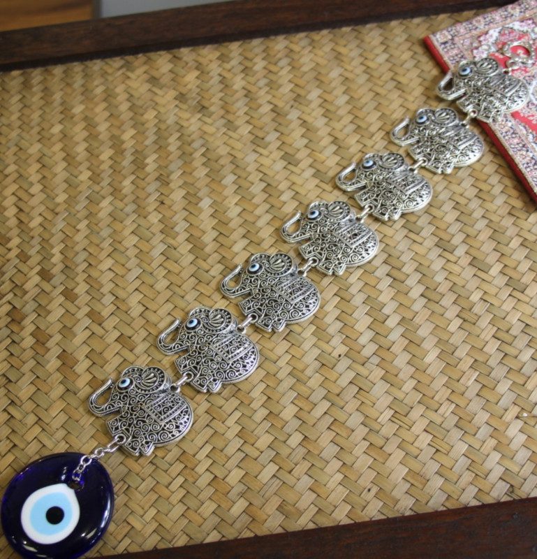Lucky Eye Metal Wall Hanging With 7 Elephants 8a