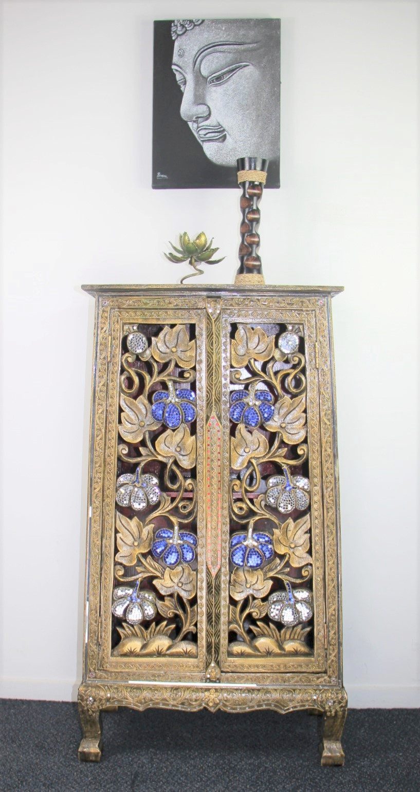 Ornate Hand Carved Tall Cabinet With 2 Cupboards BlueWhite Mosaics 1