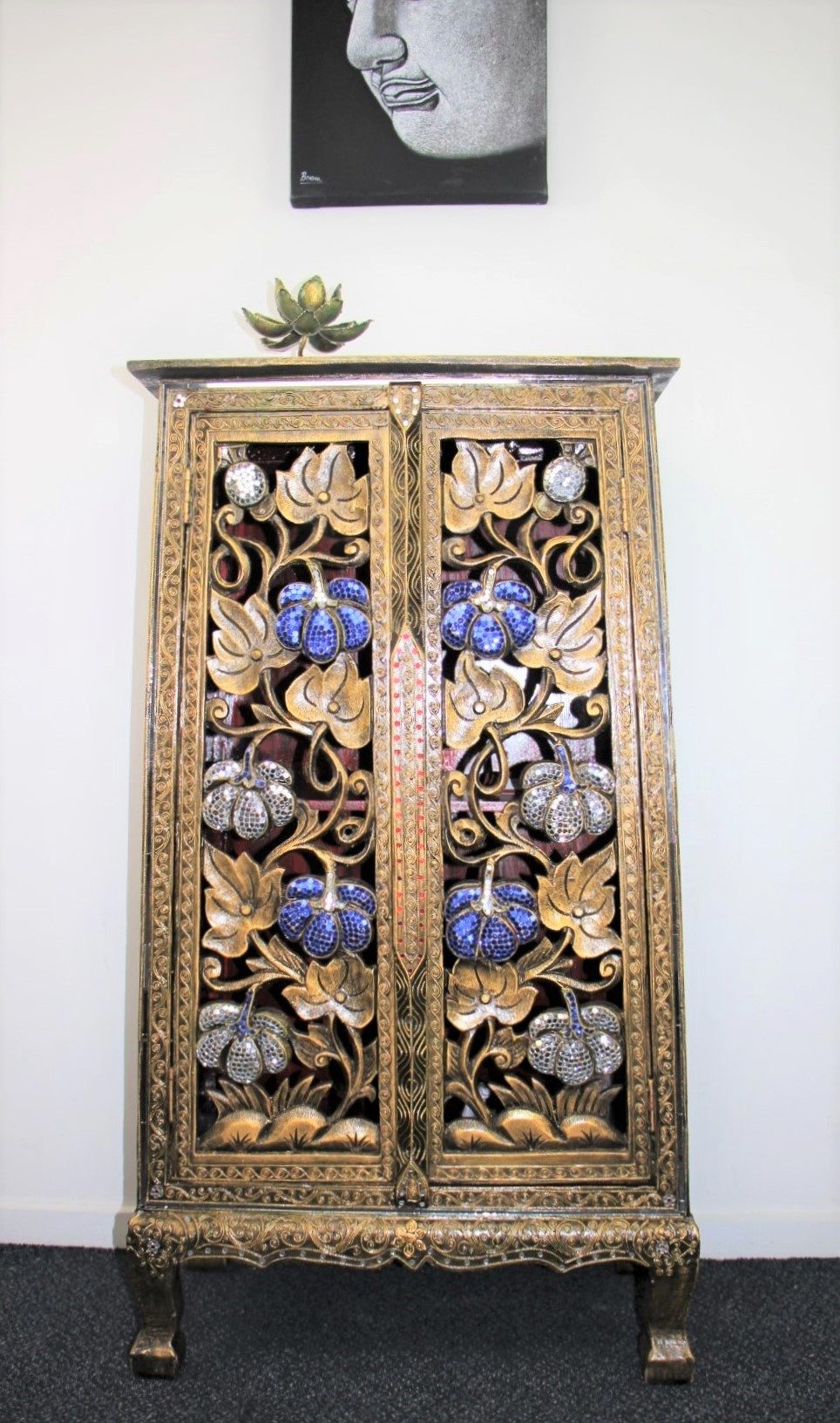 Ornate Hand Carved Tall Cabinet With 2 Cupboards BlueWhite Mosaics 2