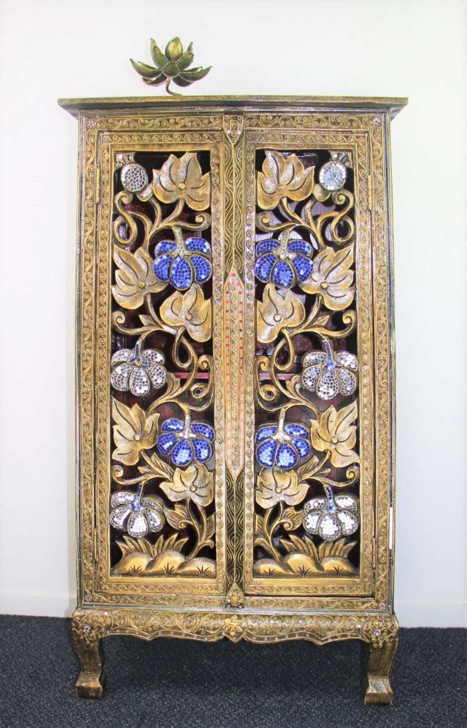Ornate Hand Carved Tall Cabinet With 2 Cupboards BlueWhite Mosaics 3