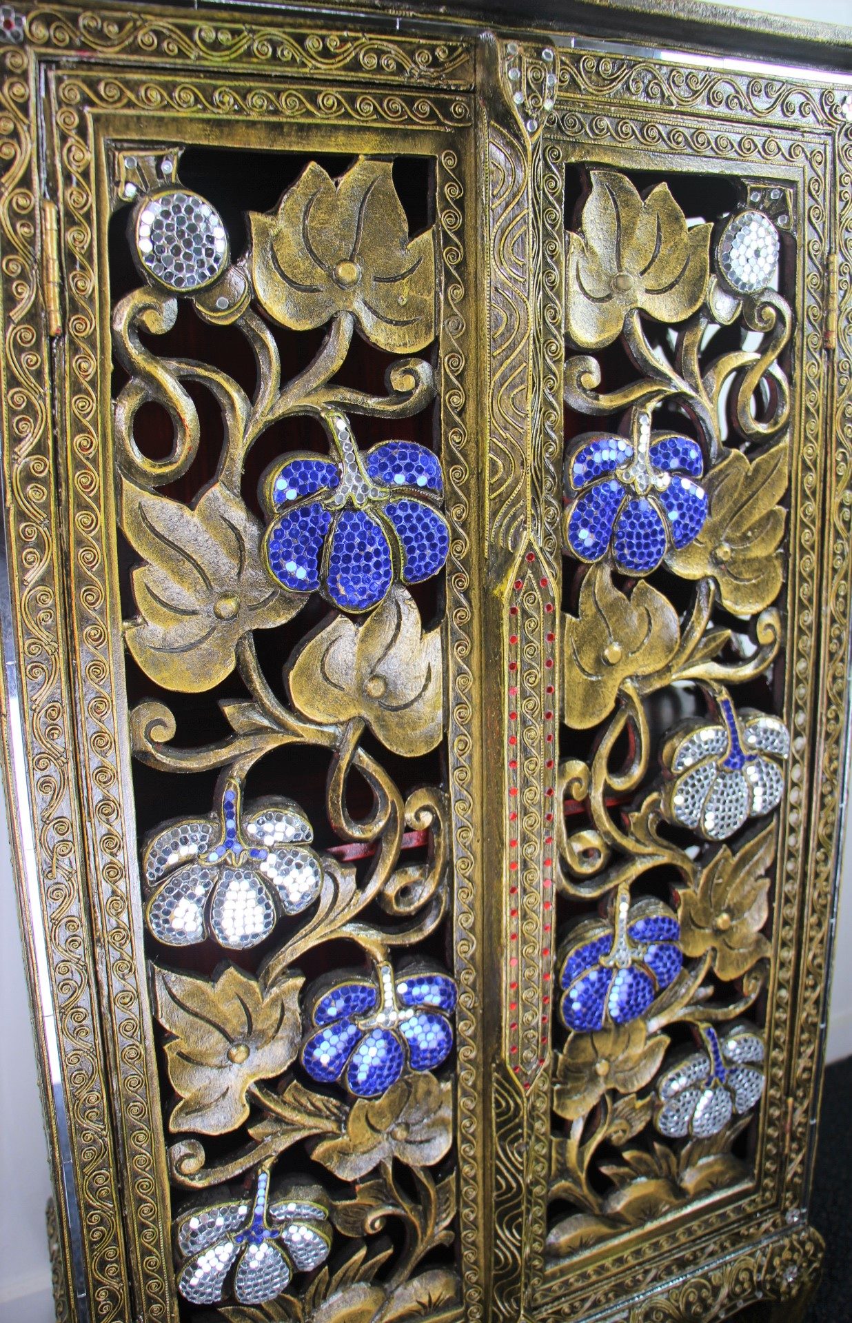 Ornate Hand Carved Tall Cabinet With 2 Cupboards BlueWhite Mosaics 4