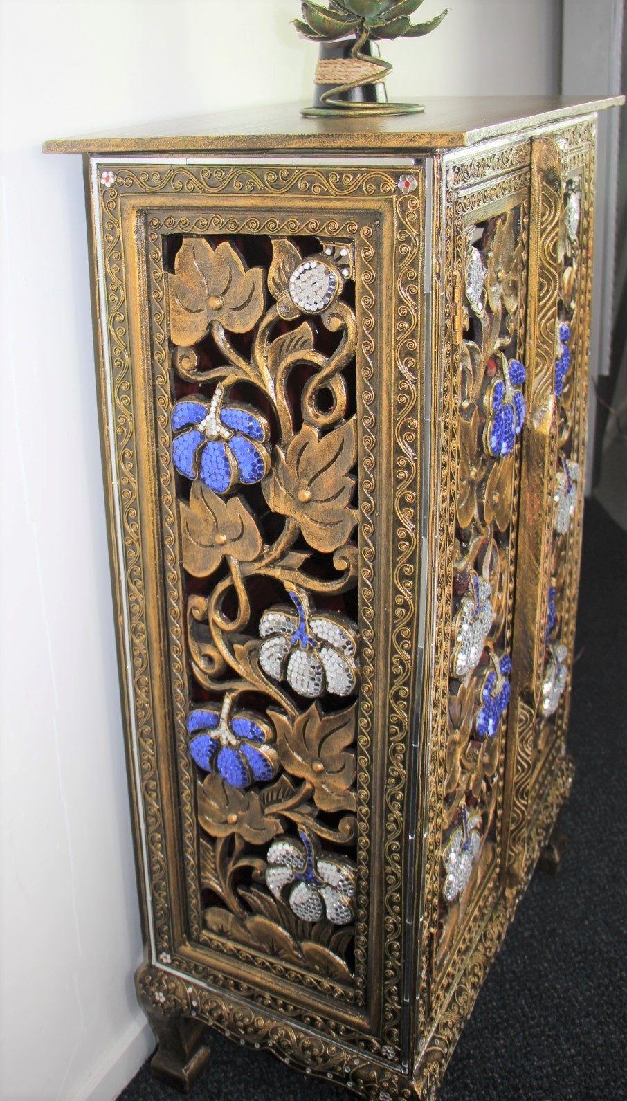Ornate Hand Carved Tall Cabinet With 2 Cupboards BlueWhite Mosaics 5