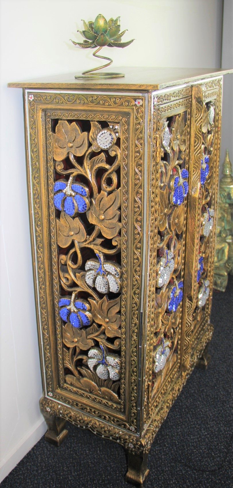 Ornate Hand Carved Tall Cabinet With 2 Cupboards BlueWhite Mosaics 6