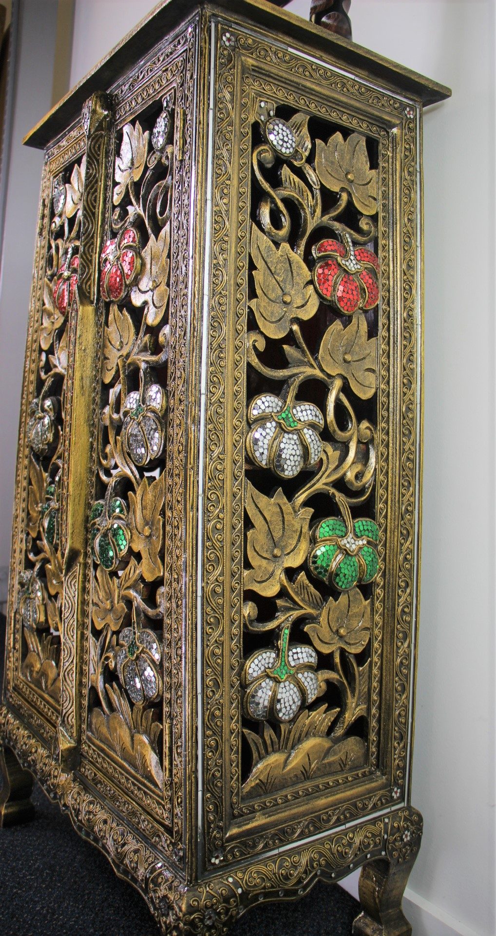 Ornate Hand Carved Tall Cabinet With 2 Cupboards GreenWhiteRed Mosaics 4