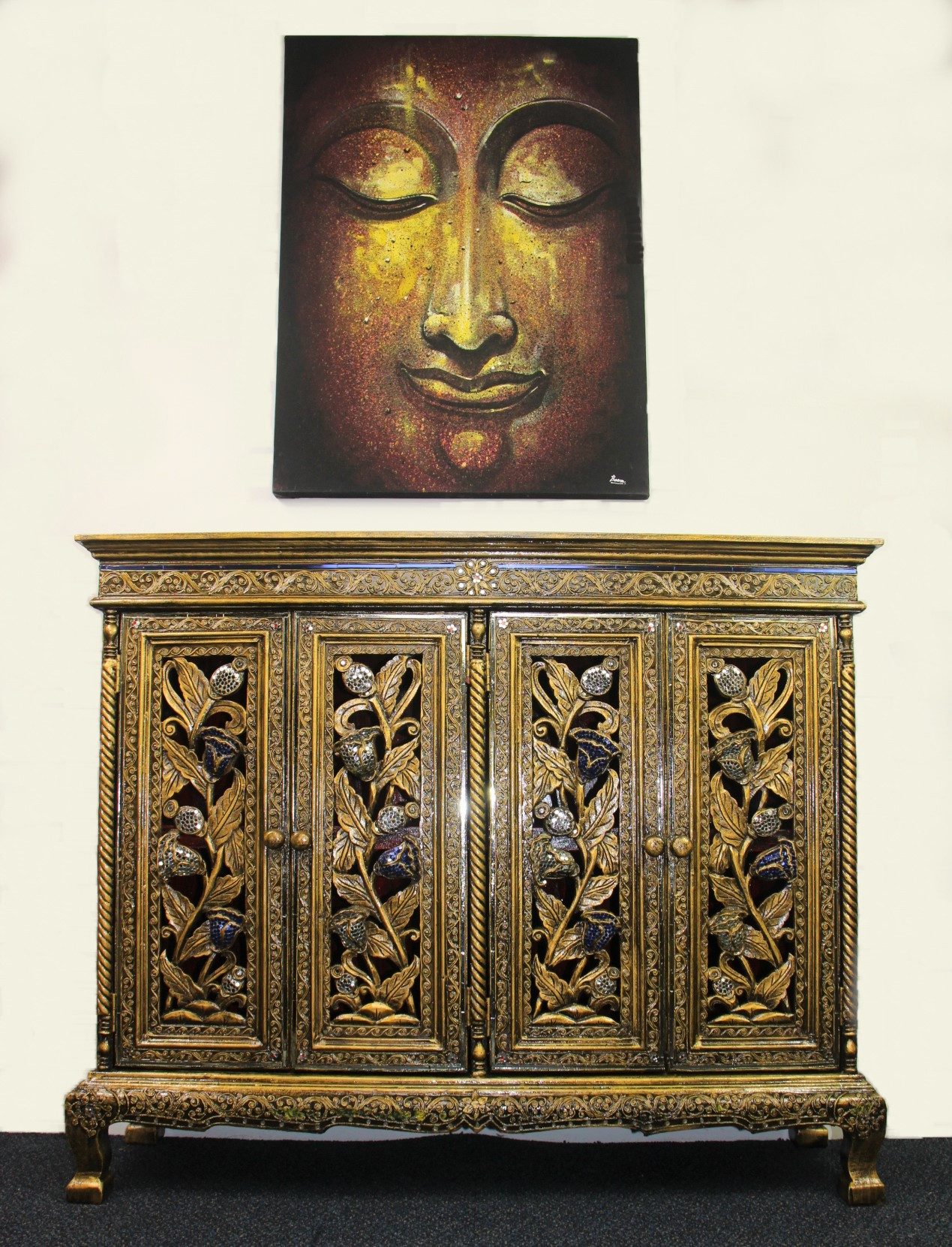 Ornate Handcarved Cabinet With 4 Cupboards BlueWhite Mosaic 1