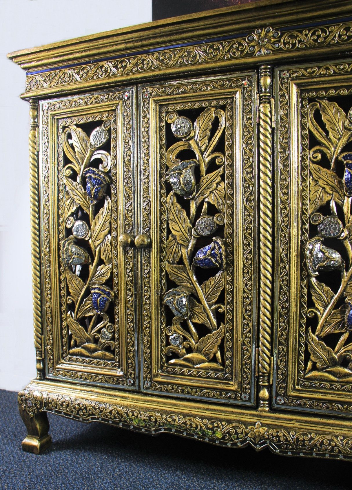 Ornate Handcarved Cabinet With 4 Cupboards BlueWhite Mosaic 2