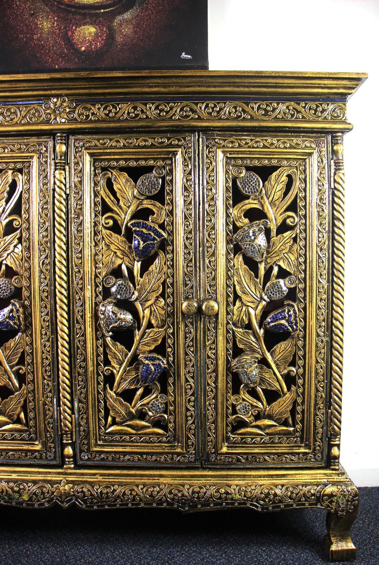 Ornate Handcarved Cabinet With 4 Cupboards BlueWhite Mosaic 3