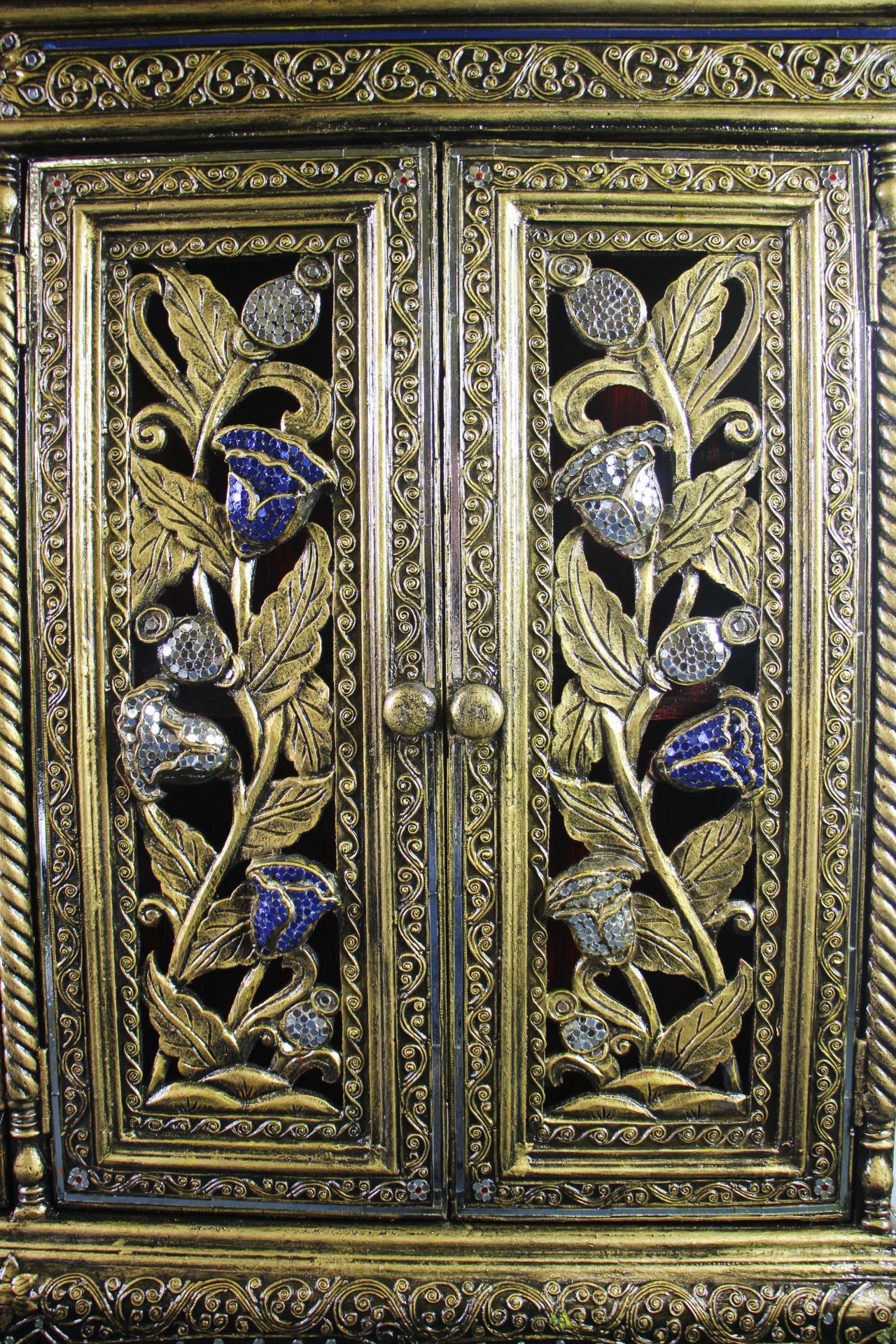 Ornate Handcarved Cabinet With 4 Cupboards BlueWhite Mosaic 4