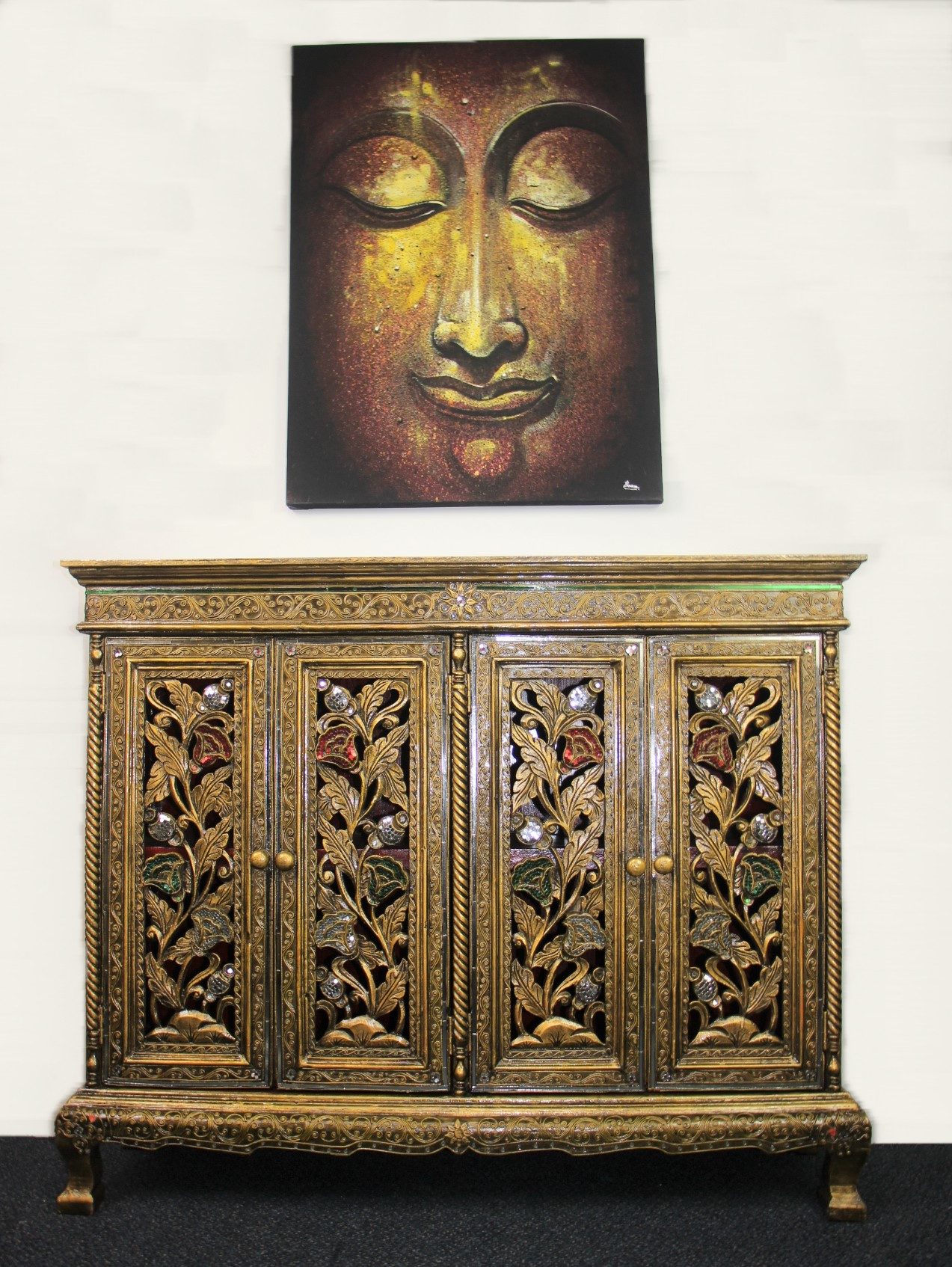 Ornate Handcarved Cabinet With 4 Cupboards Green WhiteRed Mosaic 1