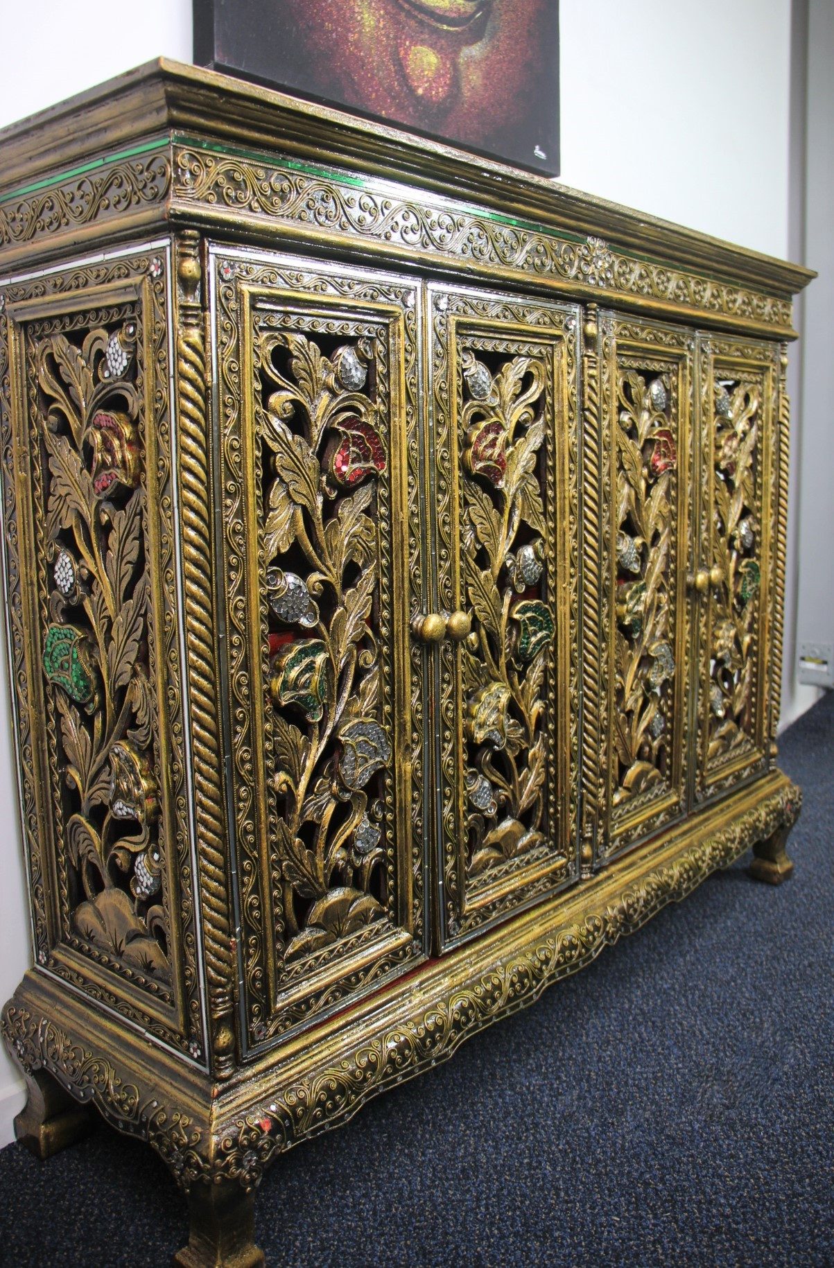 Ornate Handcarved Cabinet With 4 Cupboards Green WhiteRed Mosaic 4