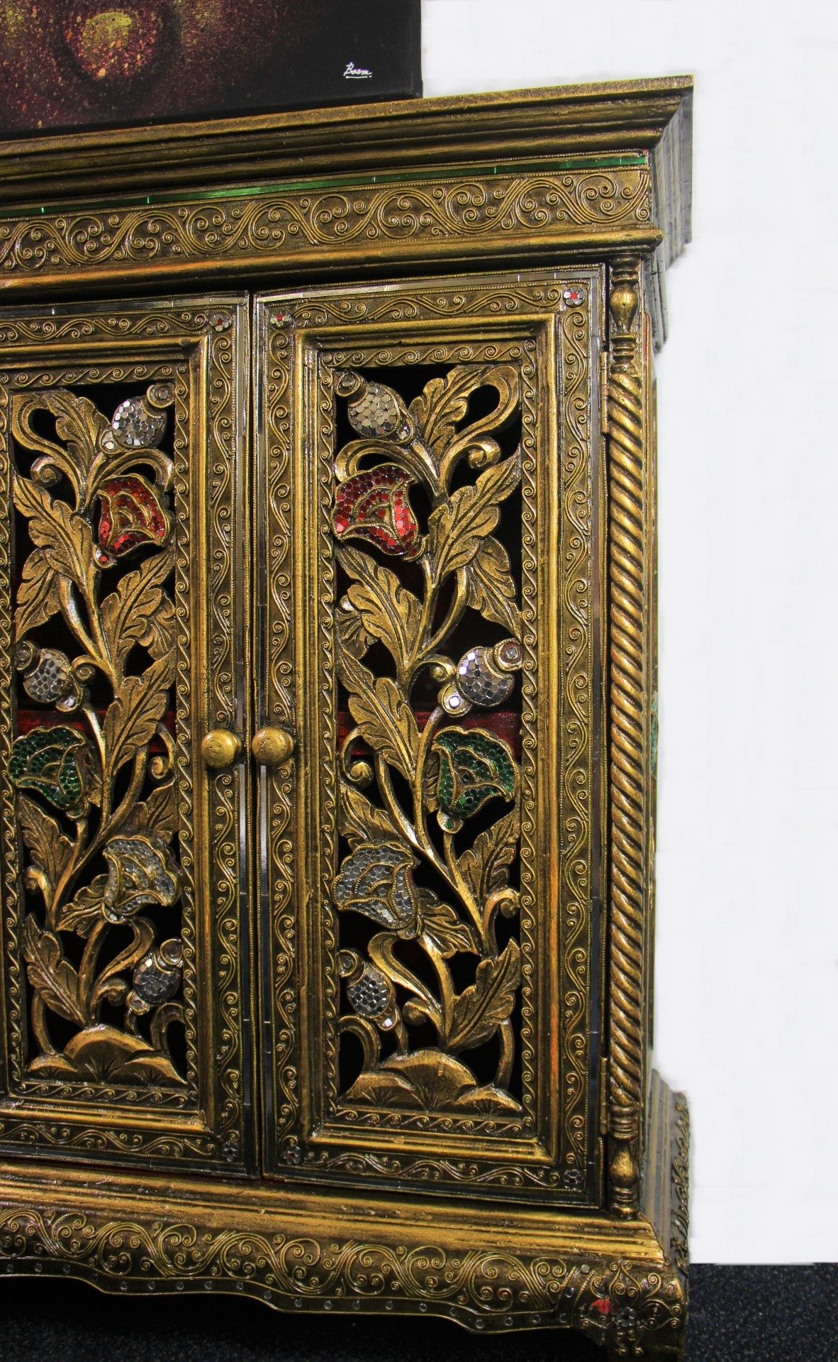 Ornate Handcarved Cabinet With 4 Cupboards Green WhiteRed Mosaic 6