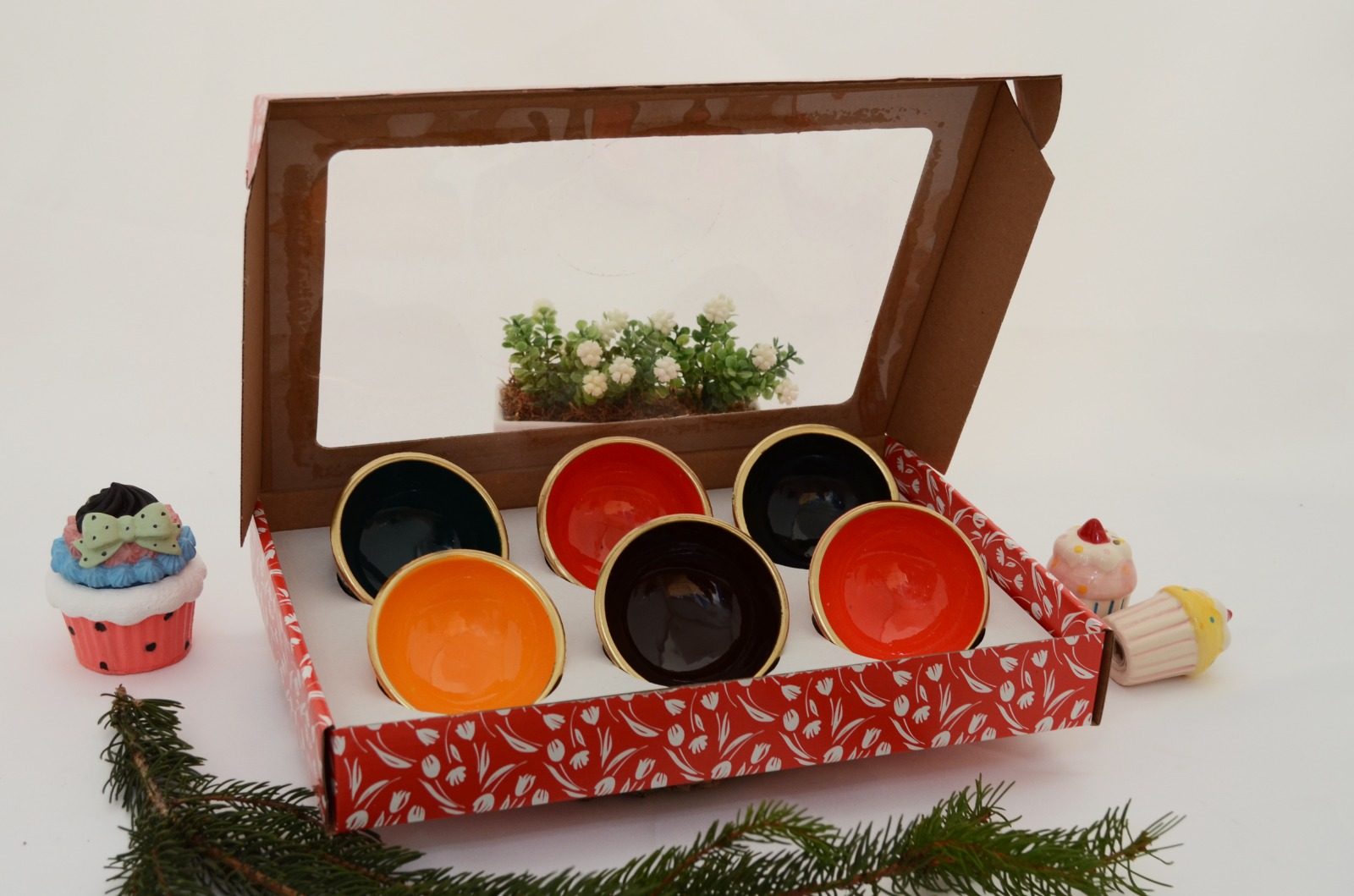 Turkish Ceramic 8cm Bowl 6pk Gift Set - Plain Mixed 1