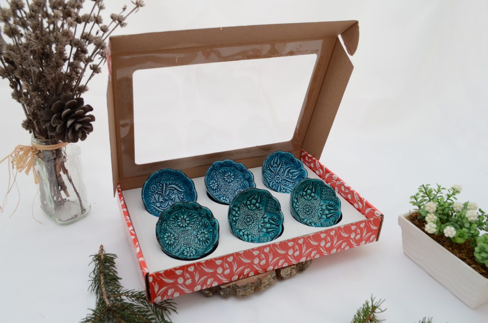 Turkish Ceramic 8cm Daisy Bowl 6pk Gift Set - Turquoise Blue 1