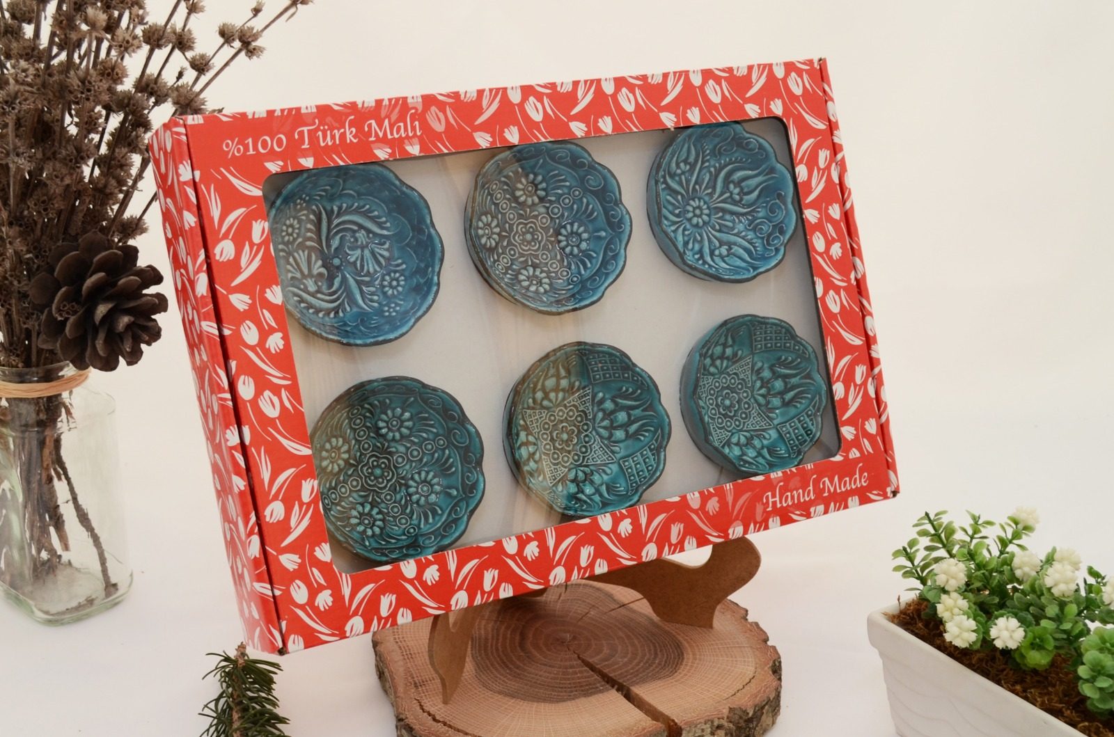 Turkish Ceramic 8cm Daisy Bowl 6pk Gift Set - Turquoise Blue