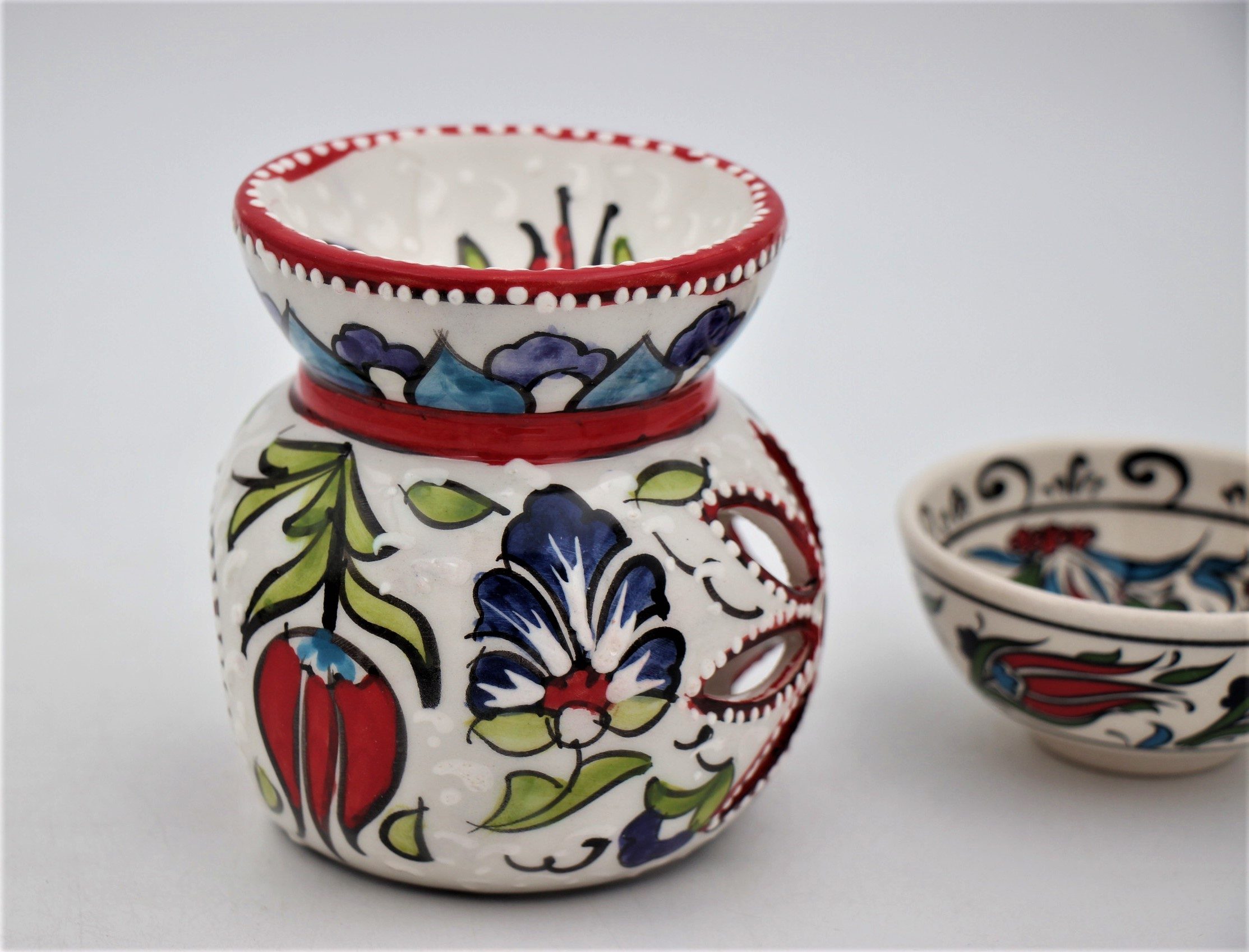 Turkish Ceramic Hand Painted Large Tall Oil Burner with bowl Tulip 1a